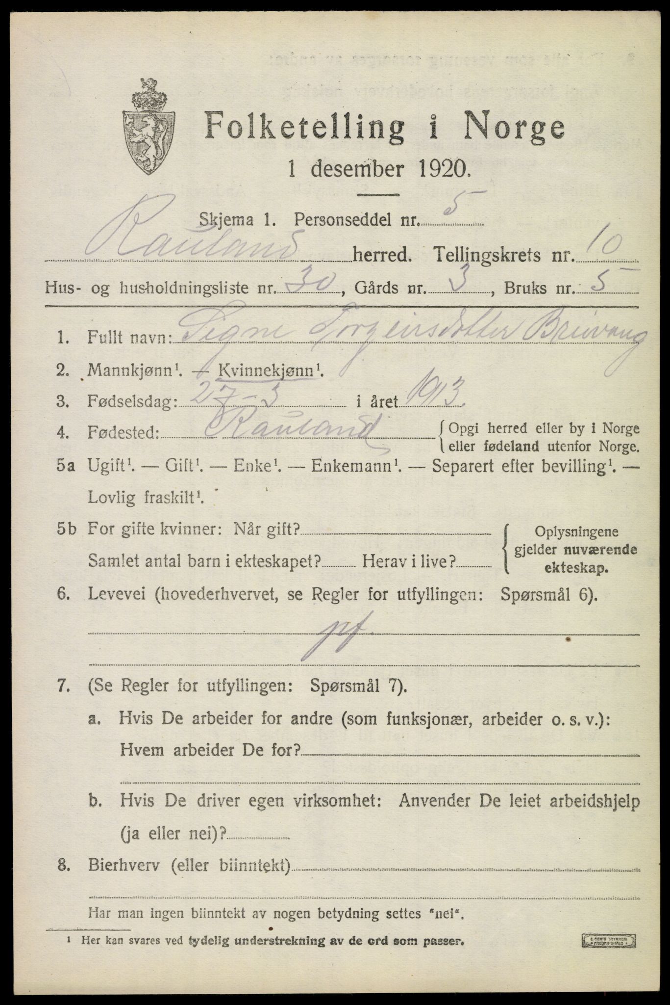 SAKO, 1920 census for Rauland, 1920, p. 2432