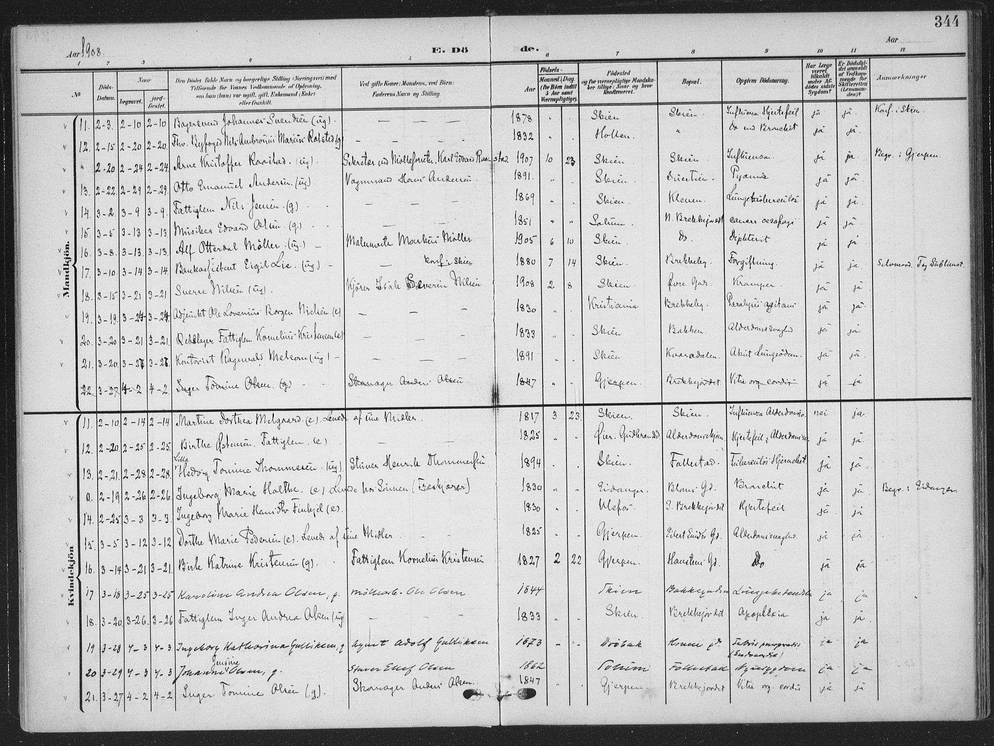 Skien kirkebøker, AV/SAKO-A-302/F/Fa/L0012: Parish register (official) no. 12, 1908-1914, p. 344