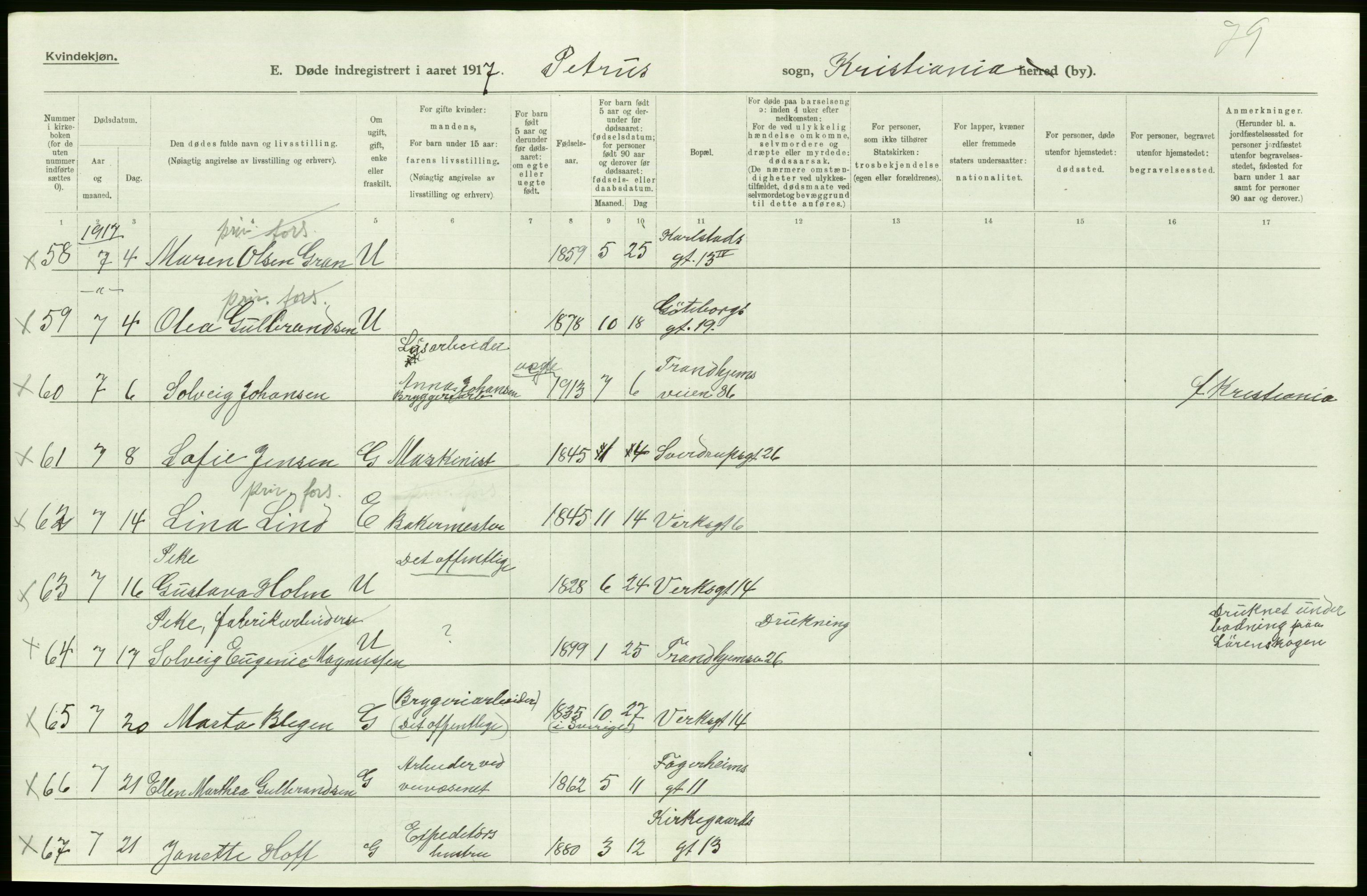 Statistisk sentralbyrå, Sosiodemografiske emner, Befolkning, AV/RA-S-2228/D/Df/Dfb/Dfbg/L0010: Kristiania: Døde, 1917, p. 226