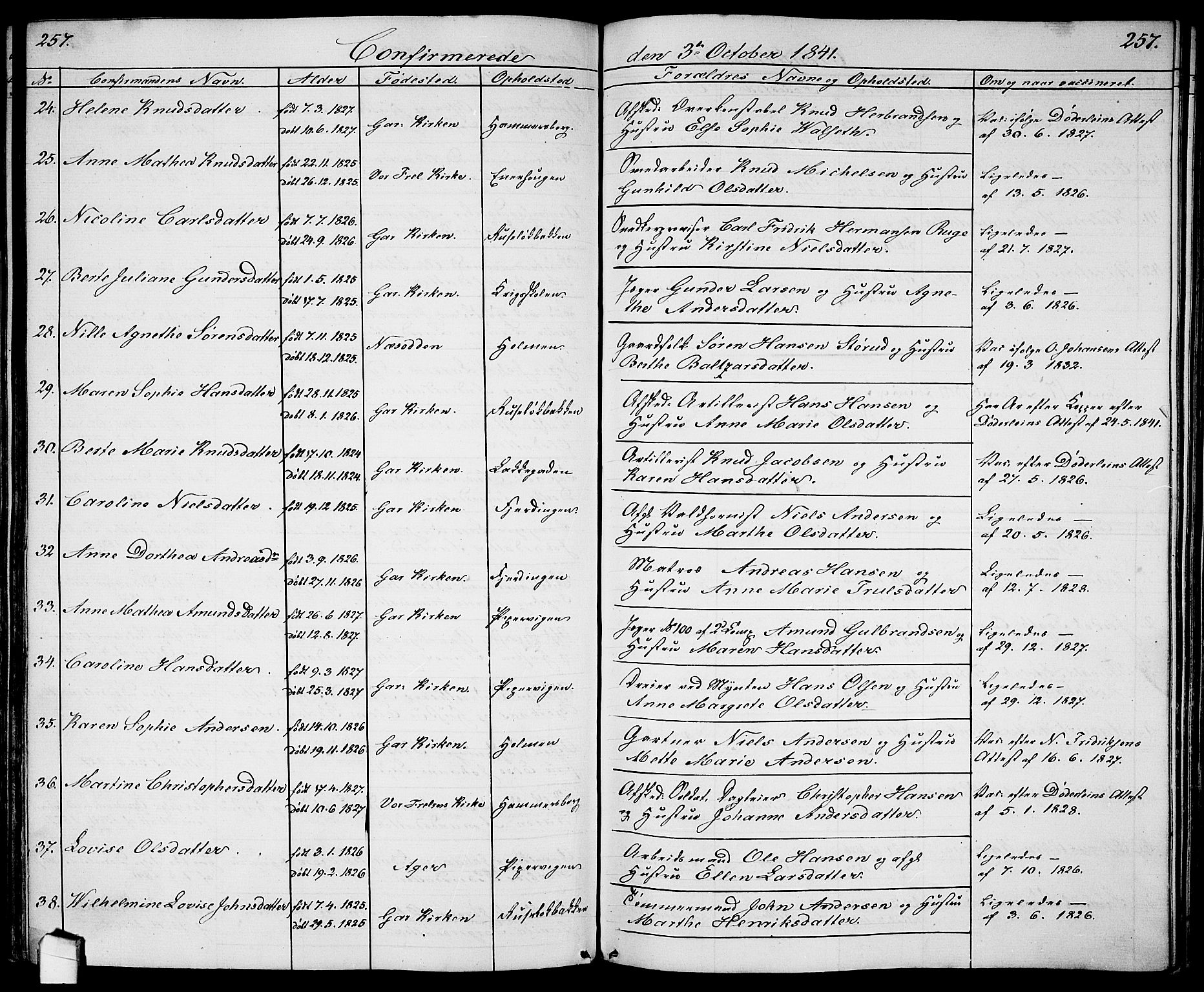 Garnisonsmenigheten Kirkebøker, AV/SAO-A-10846/G/Ga/L0005: Parish register (copy) no. 5, 1841-1860, p. 257