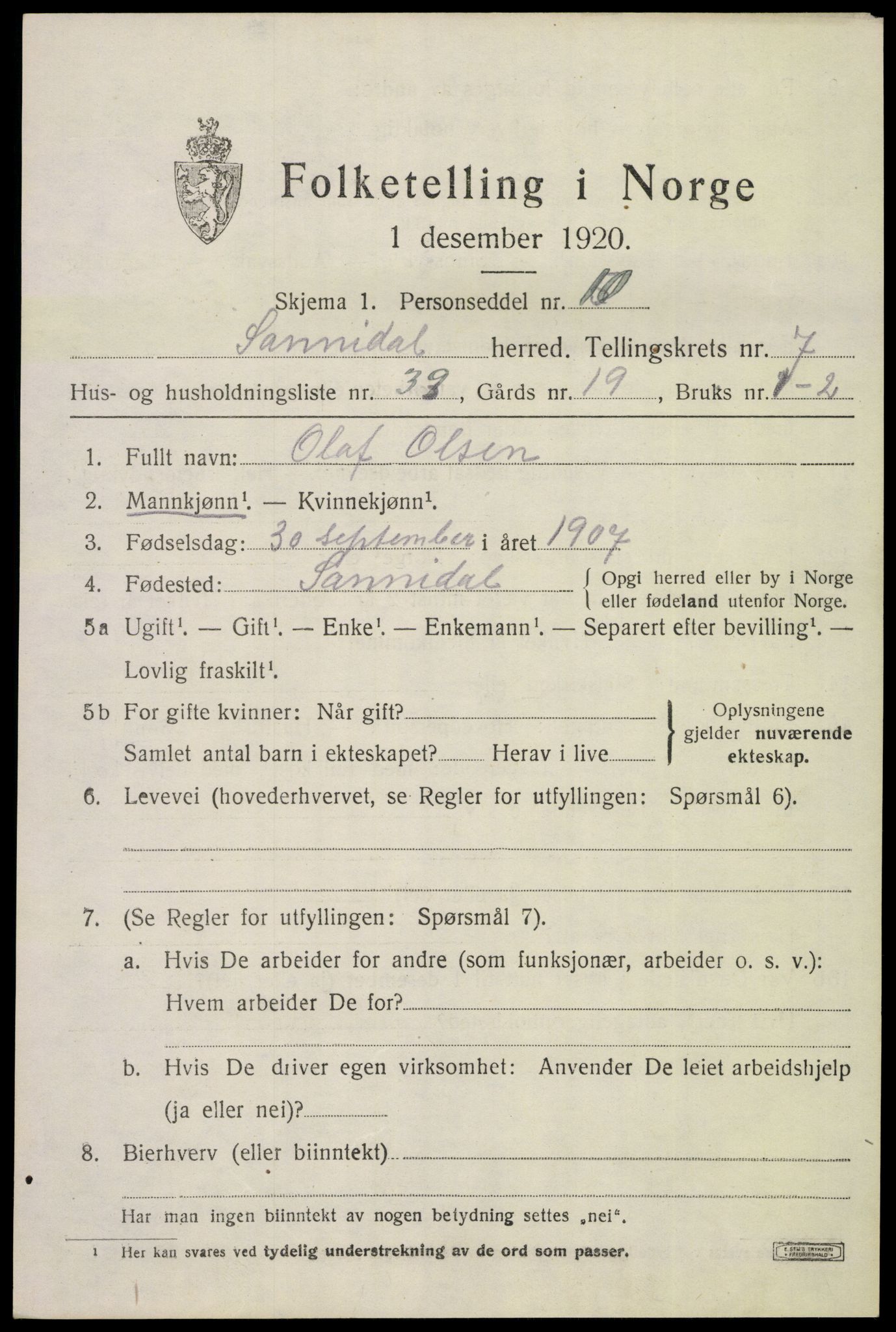 SAKO, 1920 census for Sannidal, 1920, p. 5375