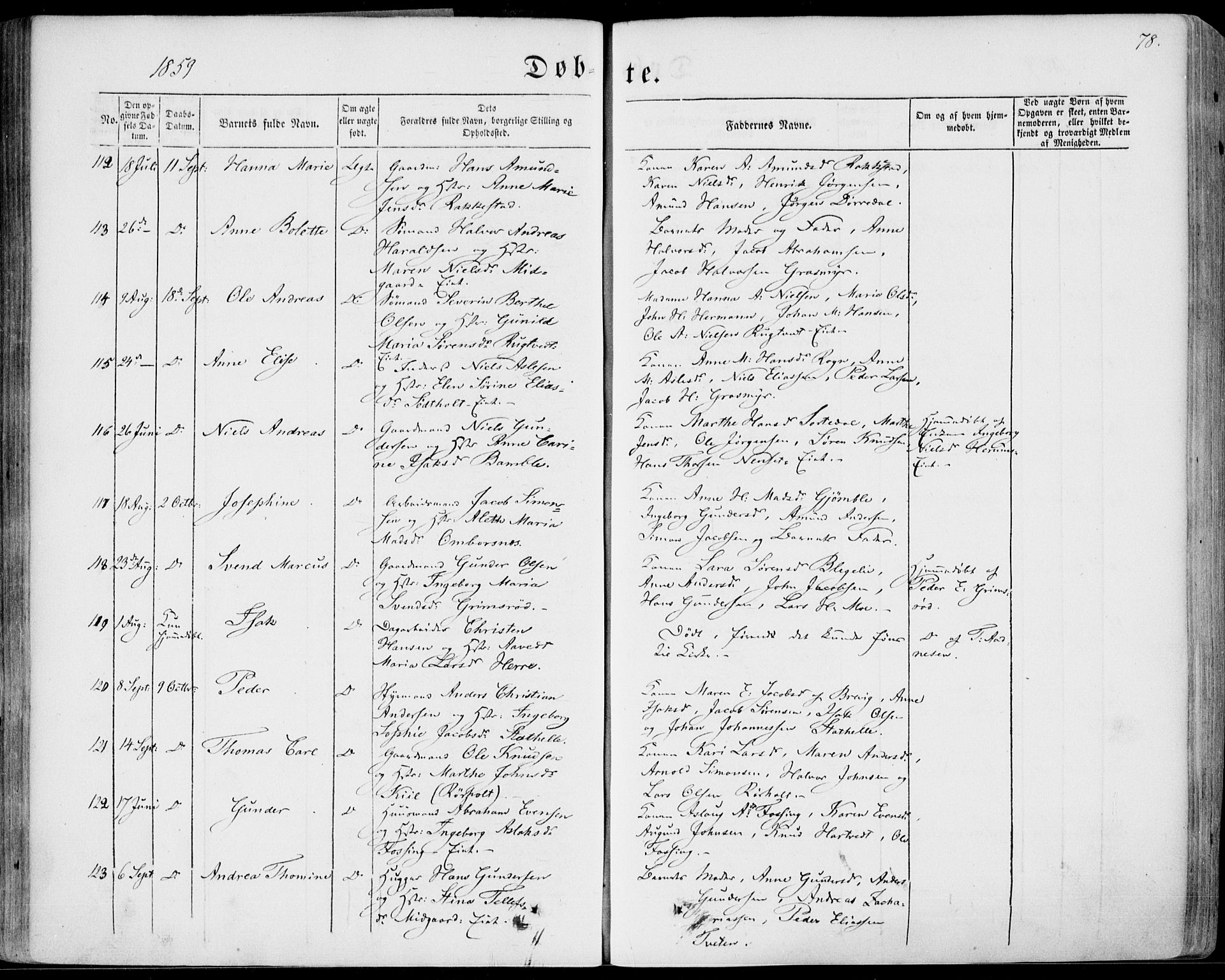 Bamble kirkebøker, AV/SAKO-A-253/F/Fa/L0005: Parish register (official) no. I 5, 1854-1869, p. 78