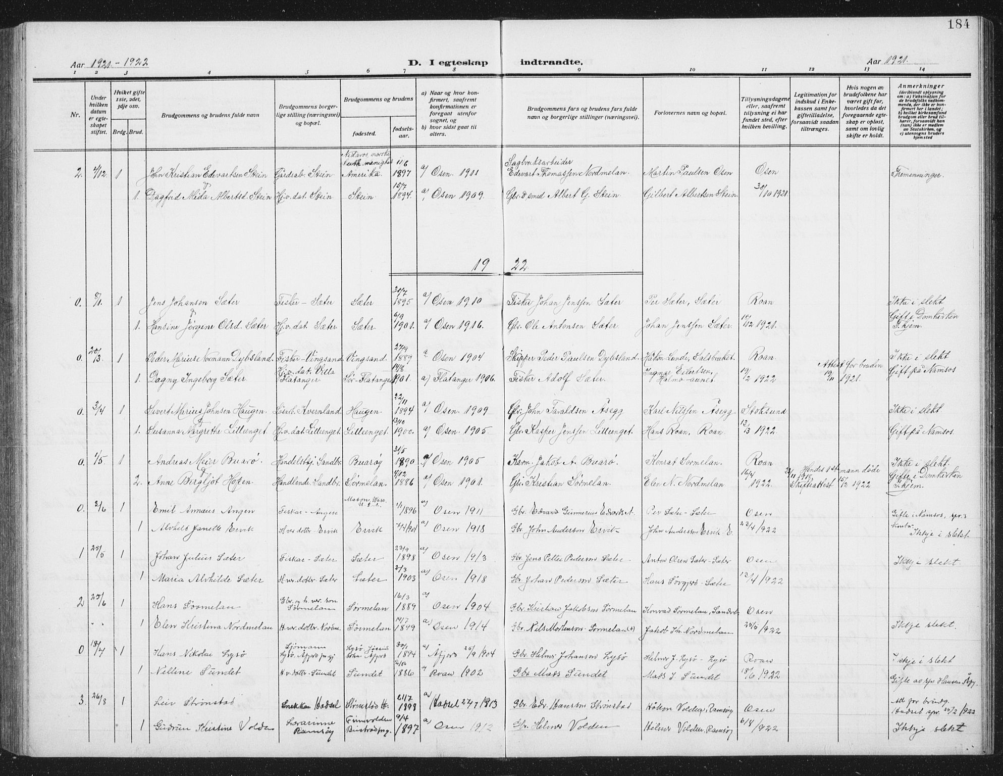 Ministerialprotokoller, klokkerbøker og fødselsregistre - Sør-Trøndelag, SAT/A-1456/658/L0727: Parish register (copy) no. 658C03, 1909-1935, p. 184