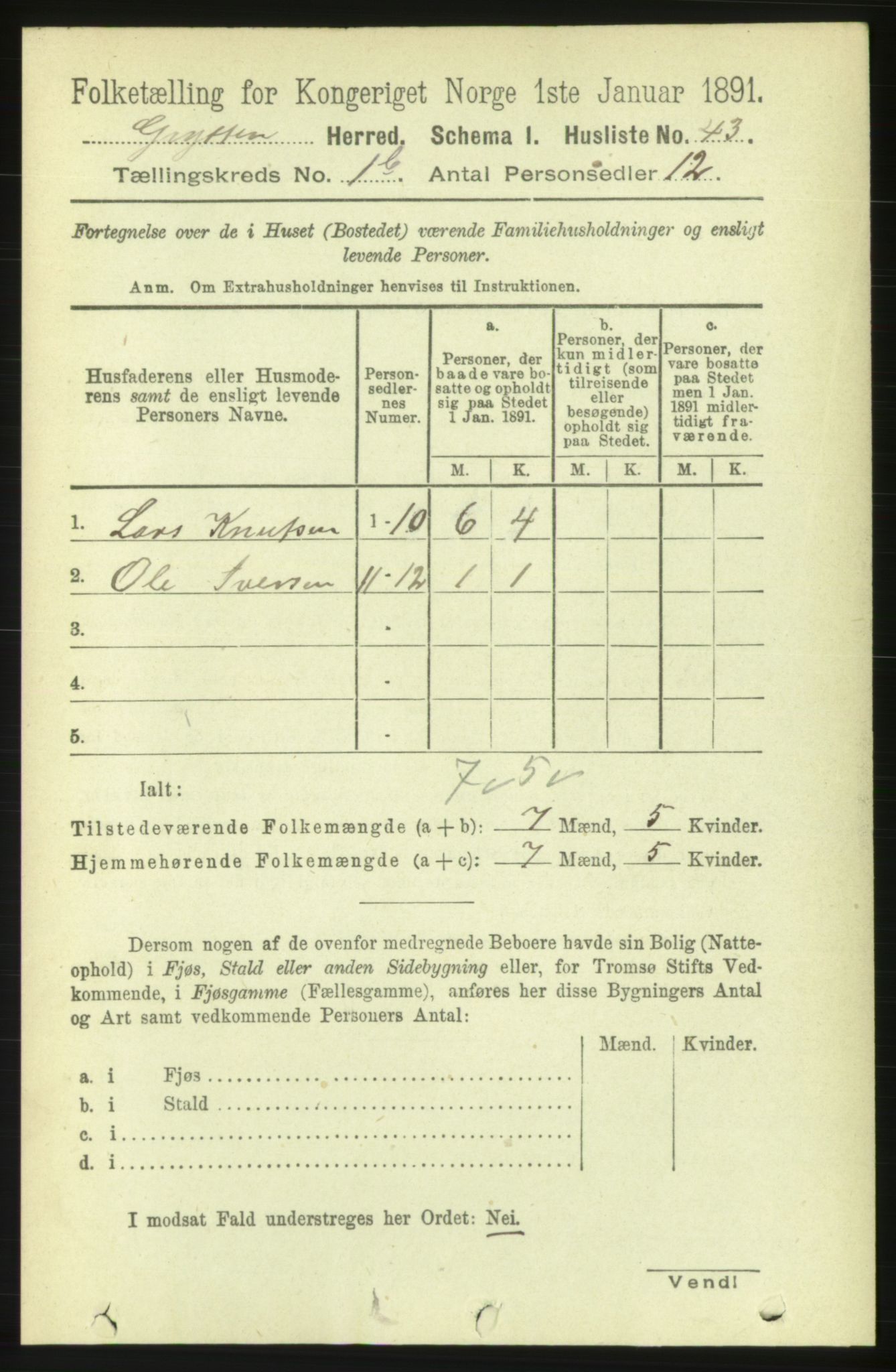 RA, 1891 census for 1539 Grytten, 1891, p. 189