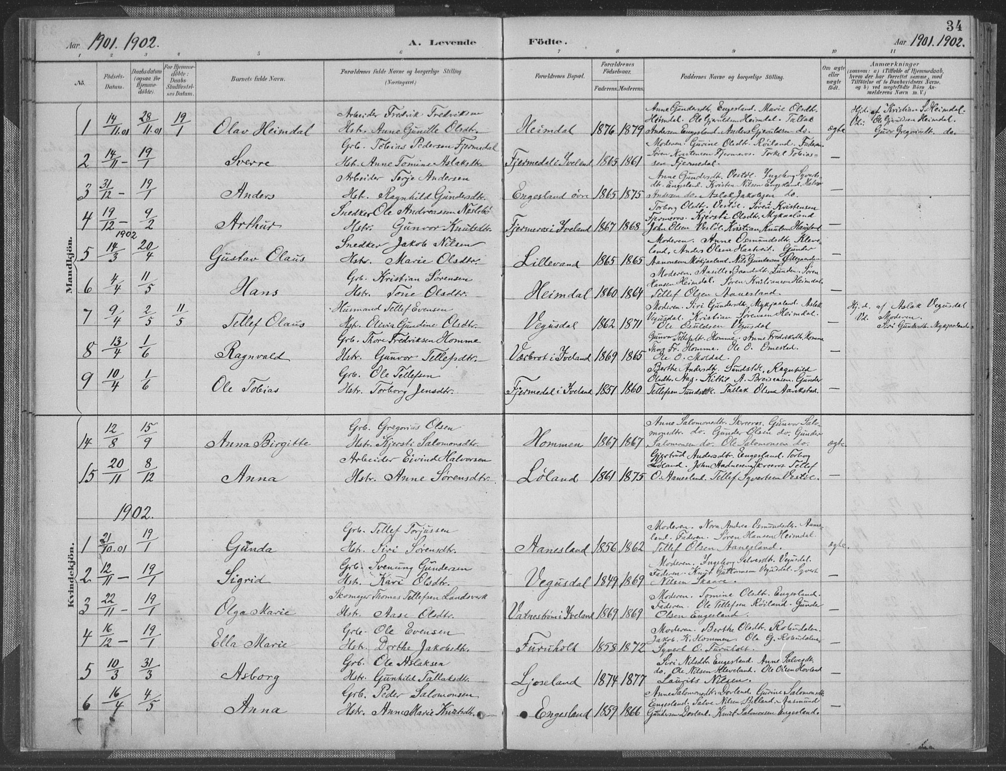 Herefoss sokneprestkontor, SAK/1111-0019/F/Fa/Fab/L0004: Parish register (official) no. A 4, 1887-1909, p. 34