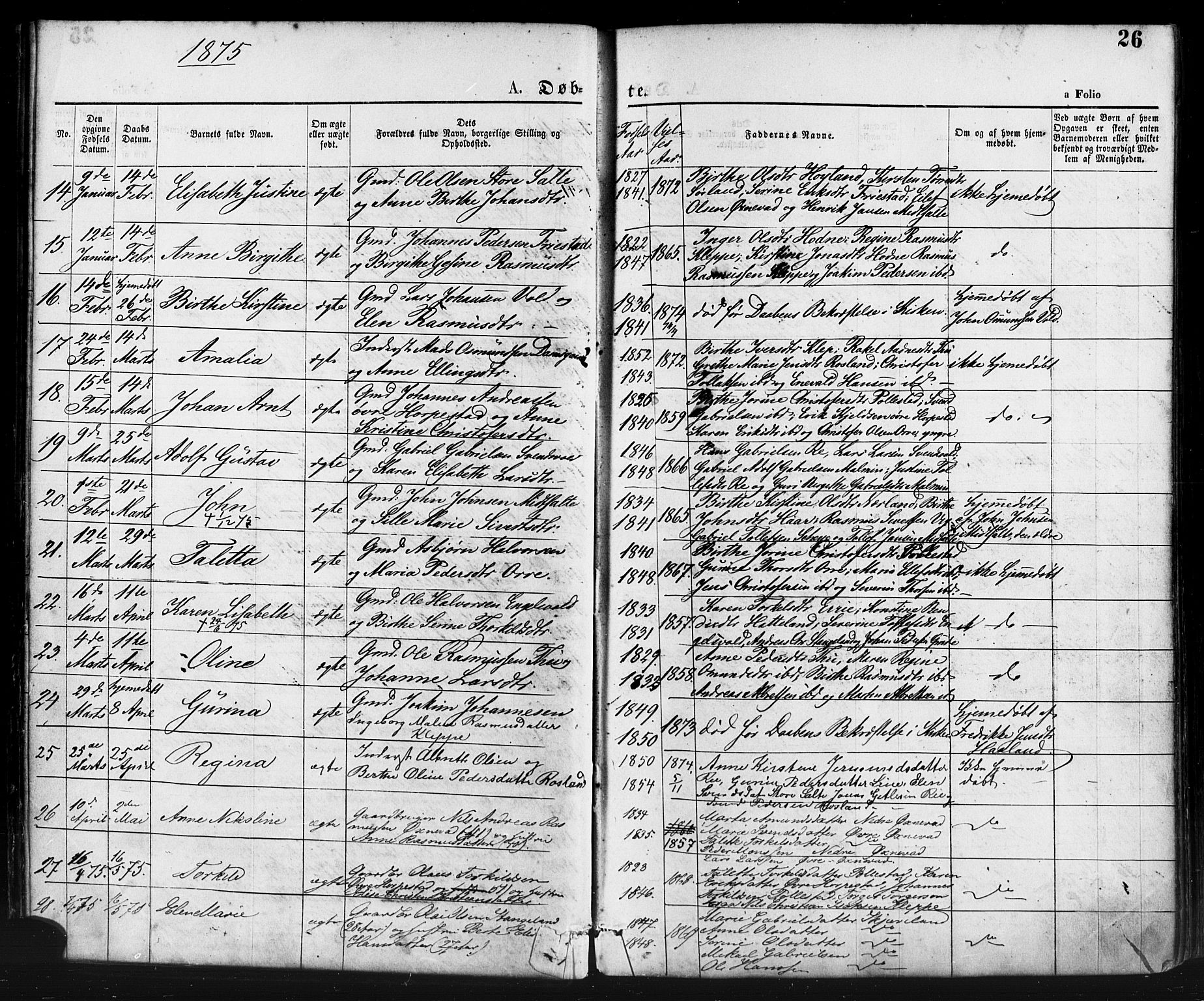 Klepp sokneprestkontor, SAST/A-101803/001/3/30BA/L0006: Parish register (official) no. A 6, 1871-1885, p. 26