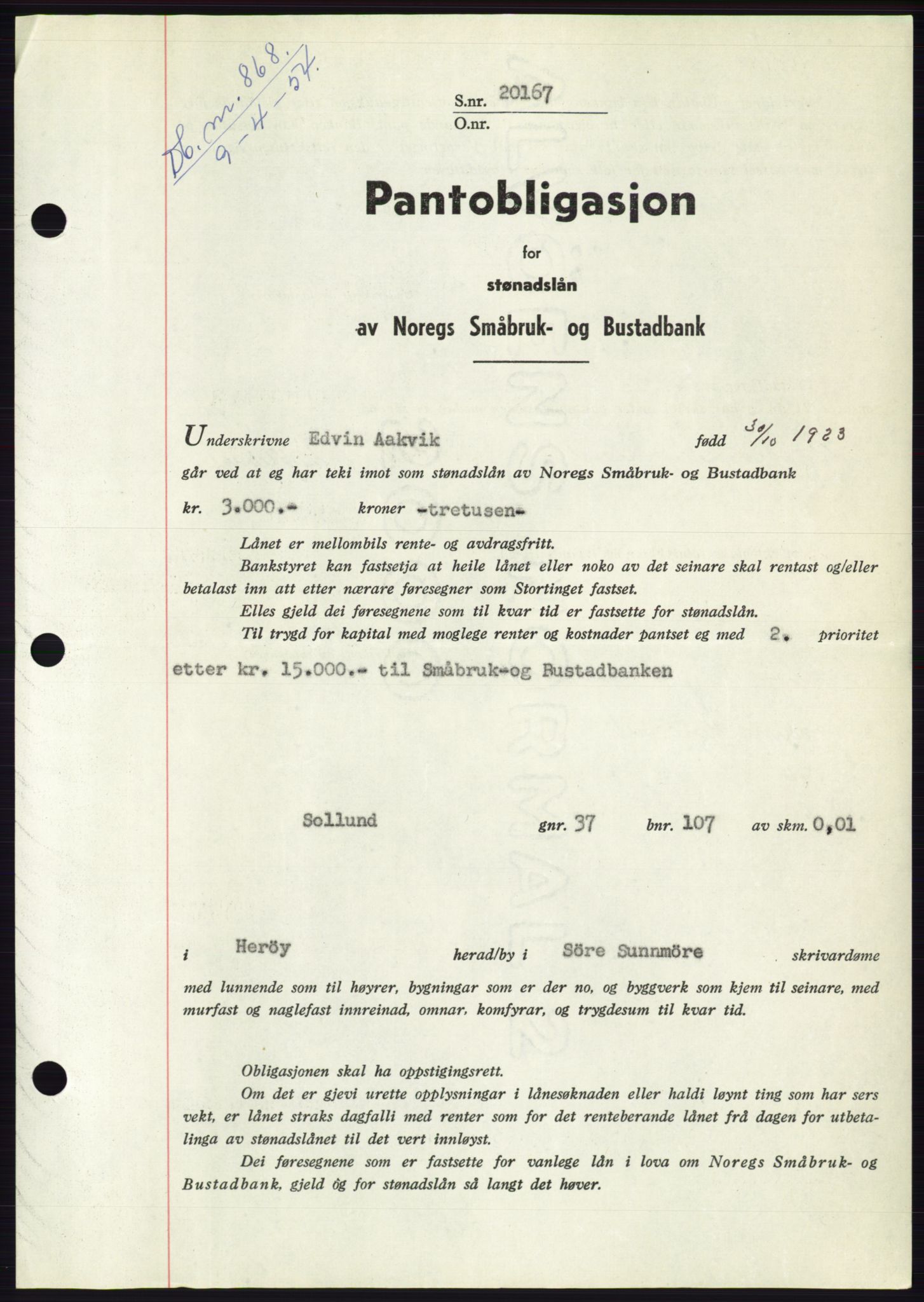 Søre Sunnmøre sorenskriveri, AV/SAT-A-4122/1/2/2C/L0124: Mortgage book no. 12B, 1953-1954, Diary no: : 868/1954