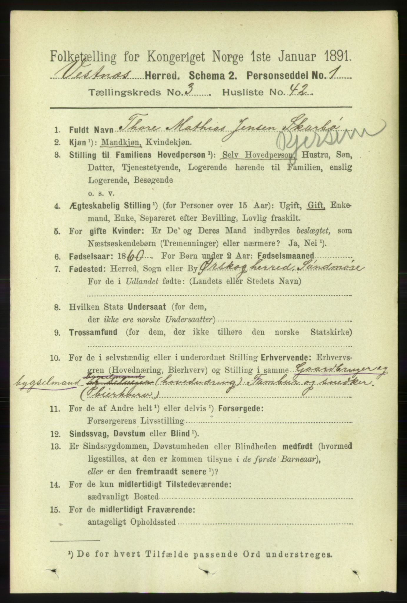 RA, 1891 census for 1535 Vestnes, 1891, p. 1101