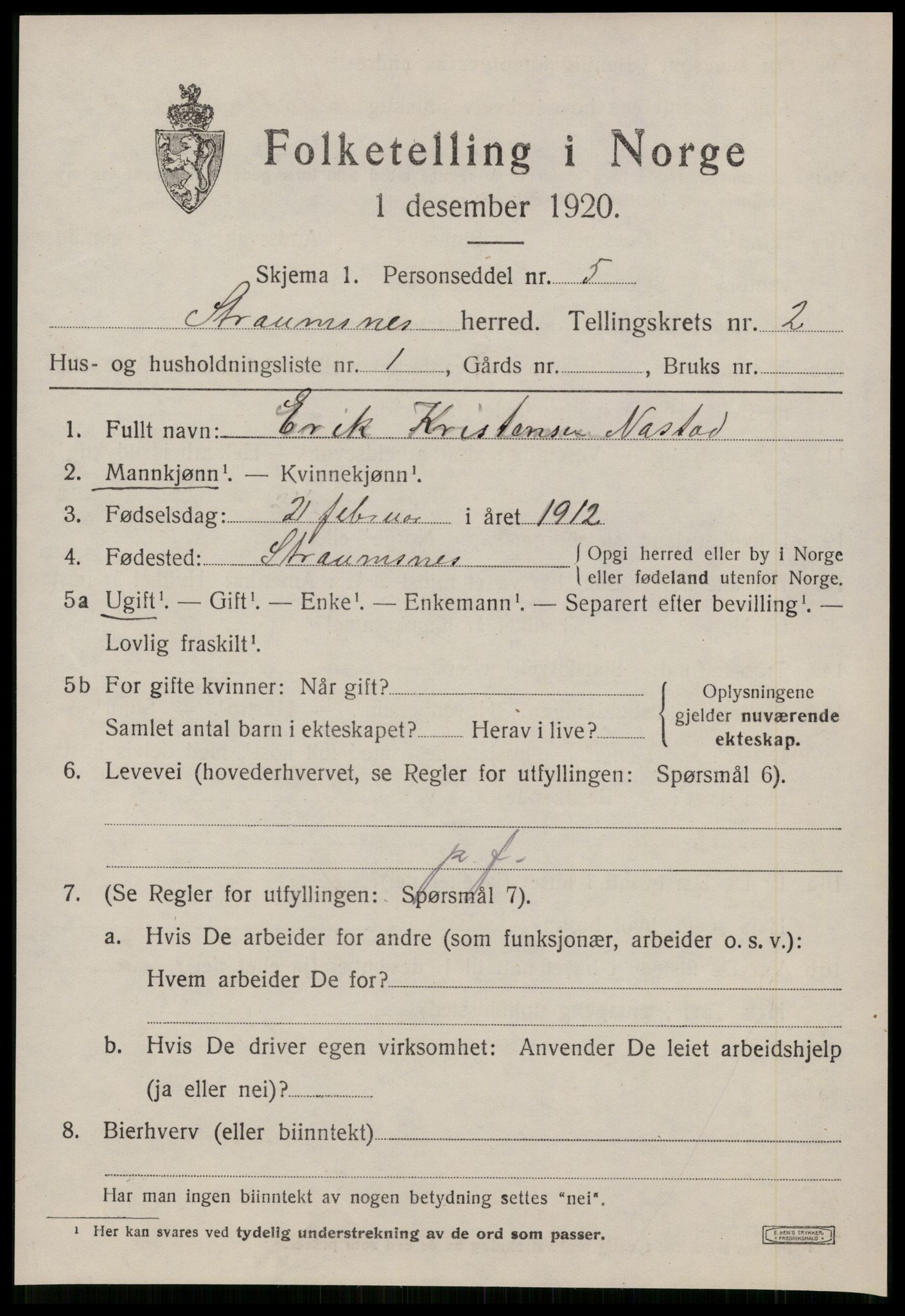 SAT, 1920 census for Straumsnes, 1920, p. 863