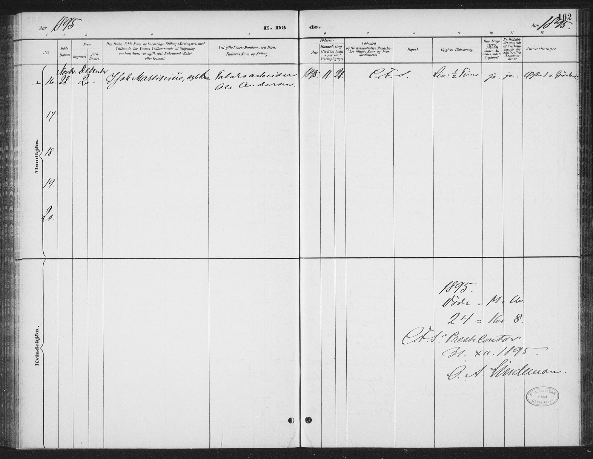 Rikshospitalet prestekontor Kirkebøker, SAO/A-10309b/F/L0010: Parish register (official) no. 10, 1888-1912, p. 162