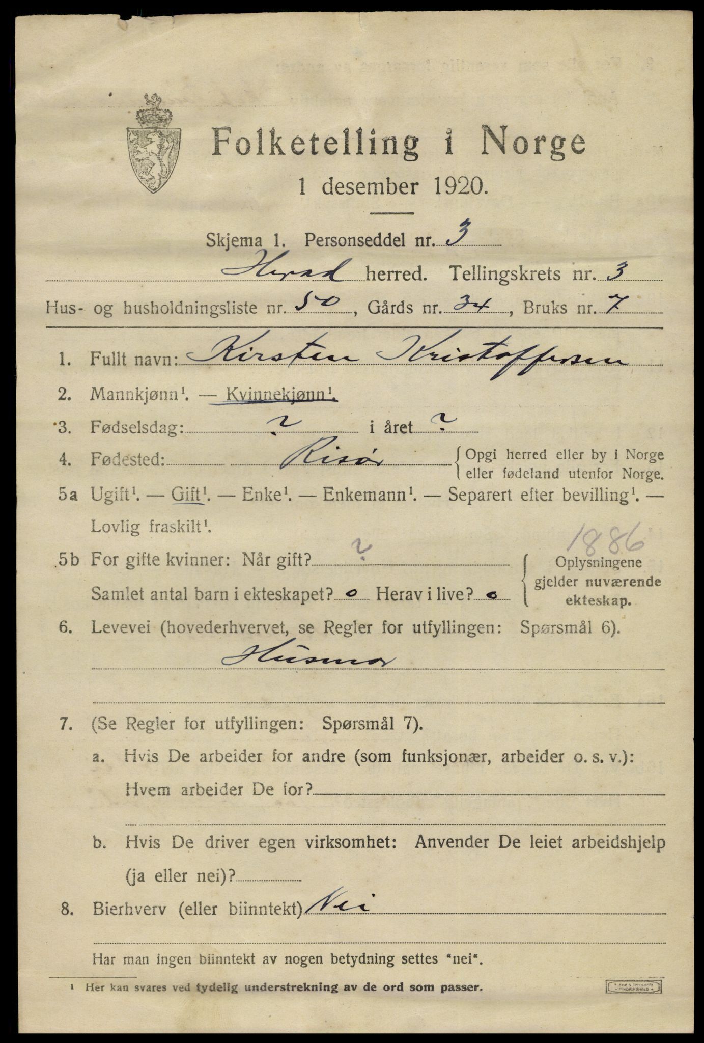 SAK, 1920 census for Herad, 1920, p. 1728