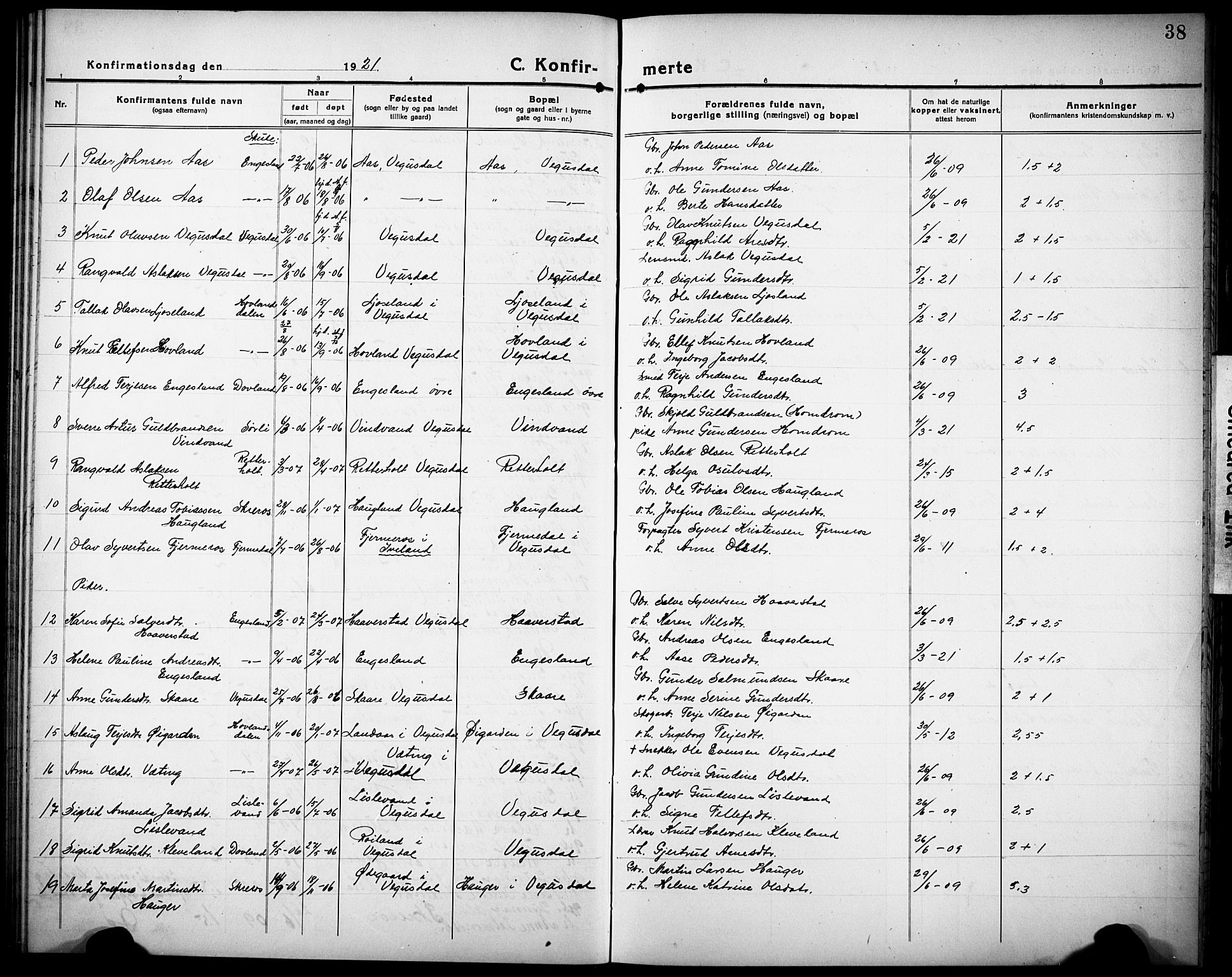 Herefoss sokneprestkontor, AV/SAK-1111-0019/F/Fb/Fbb/L0004: Parish register (copy) no. B 4, 1917-1933, p. 38