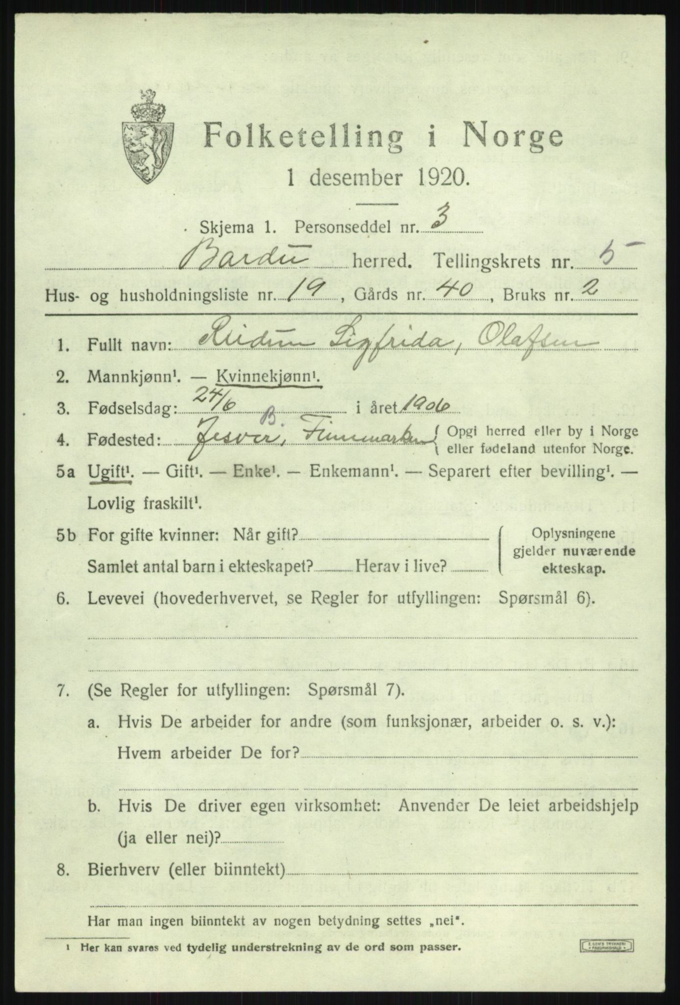 SATØ, 1920 census for Bardu, 1920, p. 2381