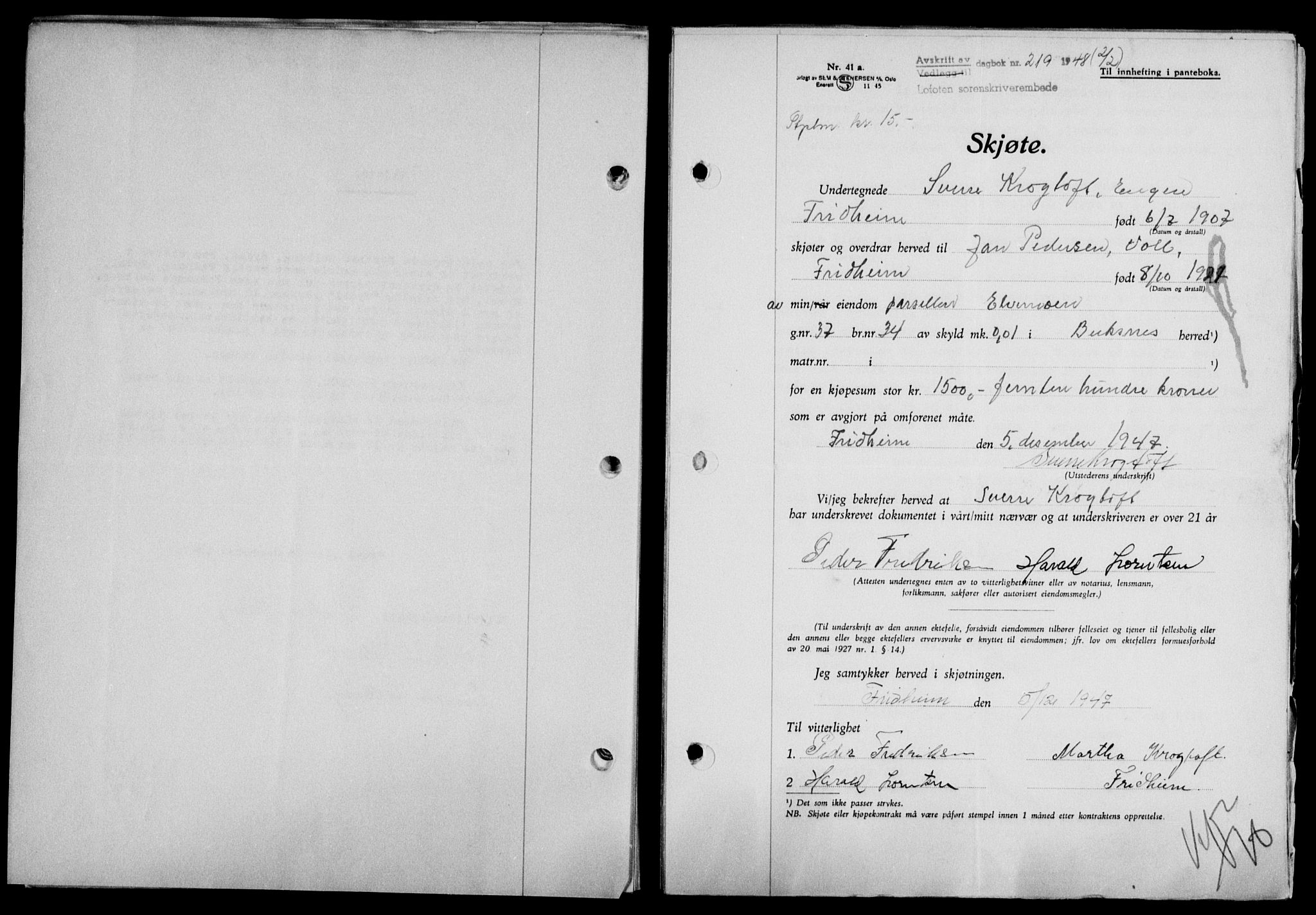 Lofoten sorenskriveri, SAT/A-0017/1/2/2C/L0017a: Mortgage book no. 17a, 1947-1948, Diary no: : 219/1948