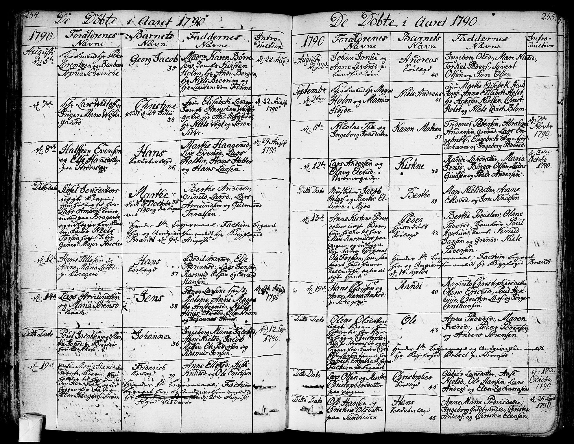 Bragernes kirkebøker, AV/SAKO-A-6/F/Fa/L0006a: Parish register (official) no. I 6, 1782-1814, p. 254-255