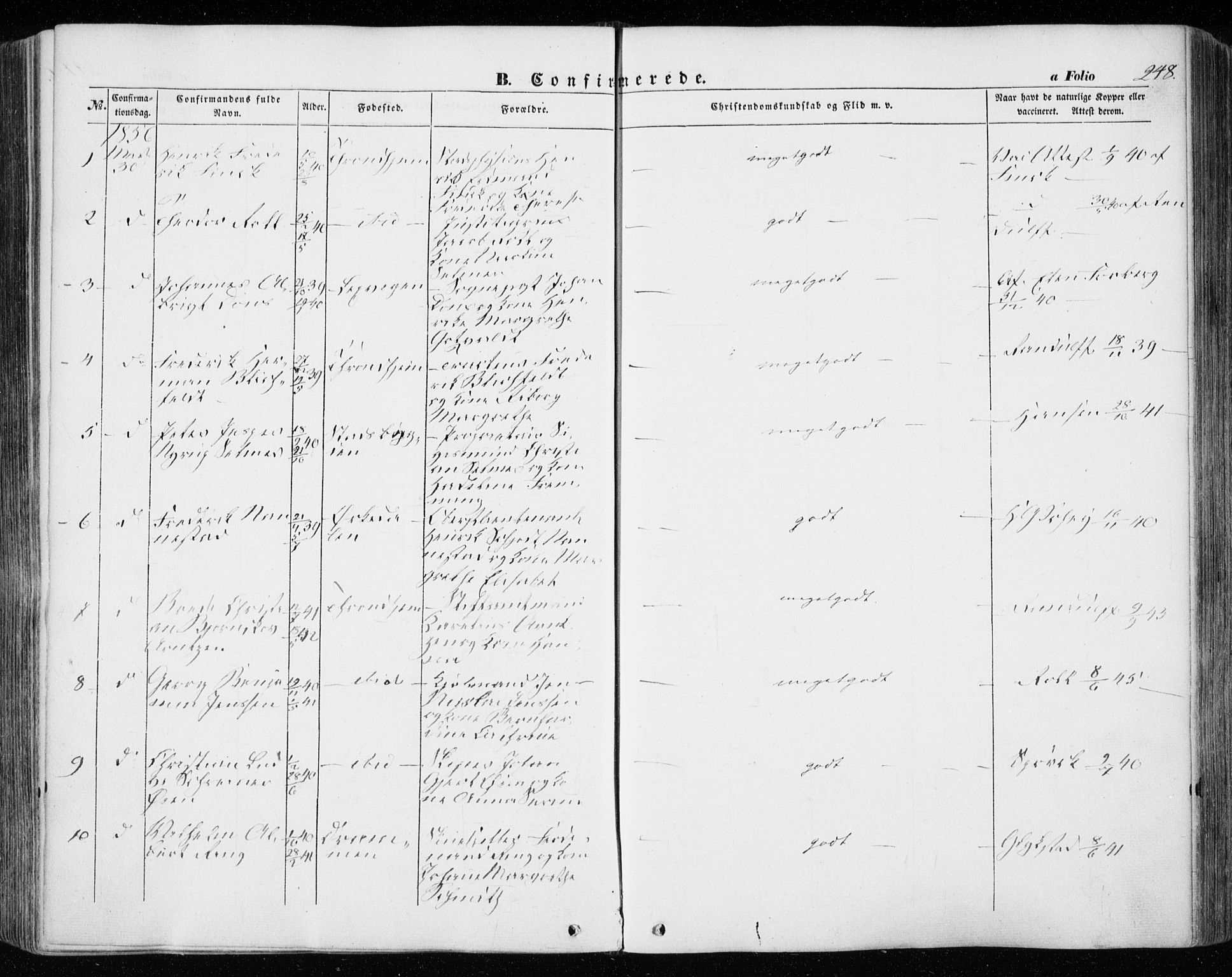 Ministerialprotokoller, klokkerbøker og fødselsregistre - Sør-Trøndelag, SAT/A-1456/601/L0051: Parish register (official) no. 601A19, 1848-1857, p. 248