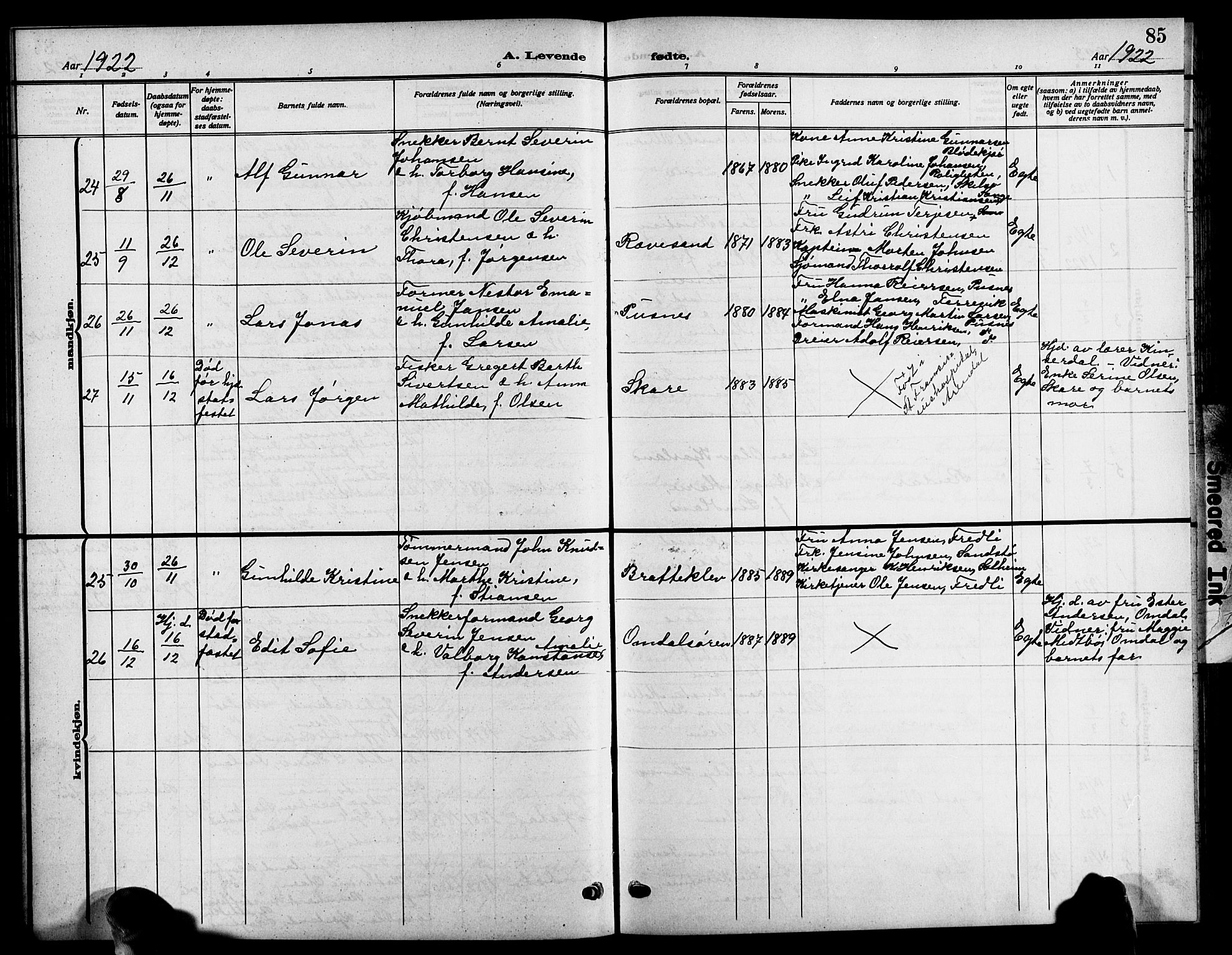 Tromøy sokneprestkontor, AV/SAK-1111-0041/F/Fb/L0007: Parish register (copy) no. B 7, 1908-1925, p. 85