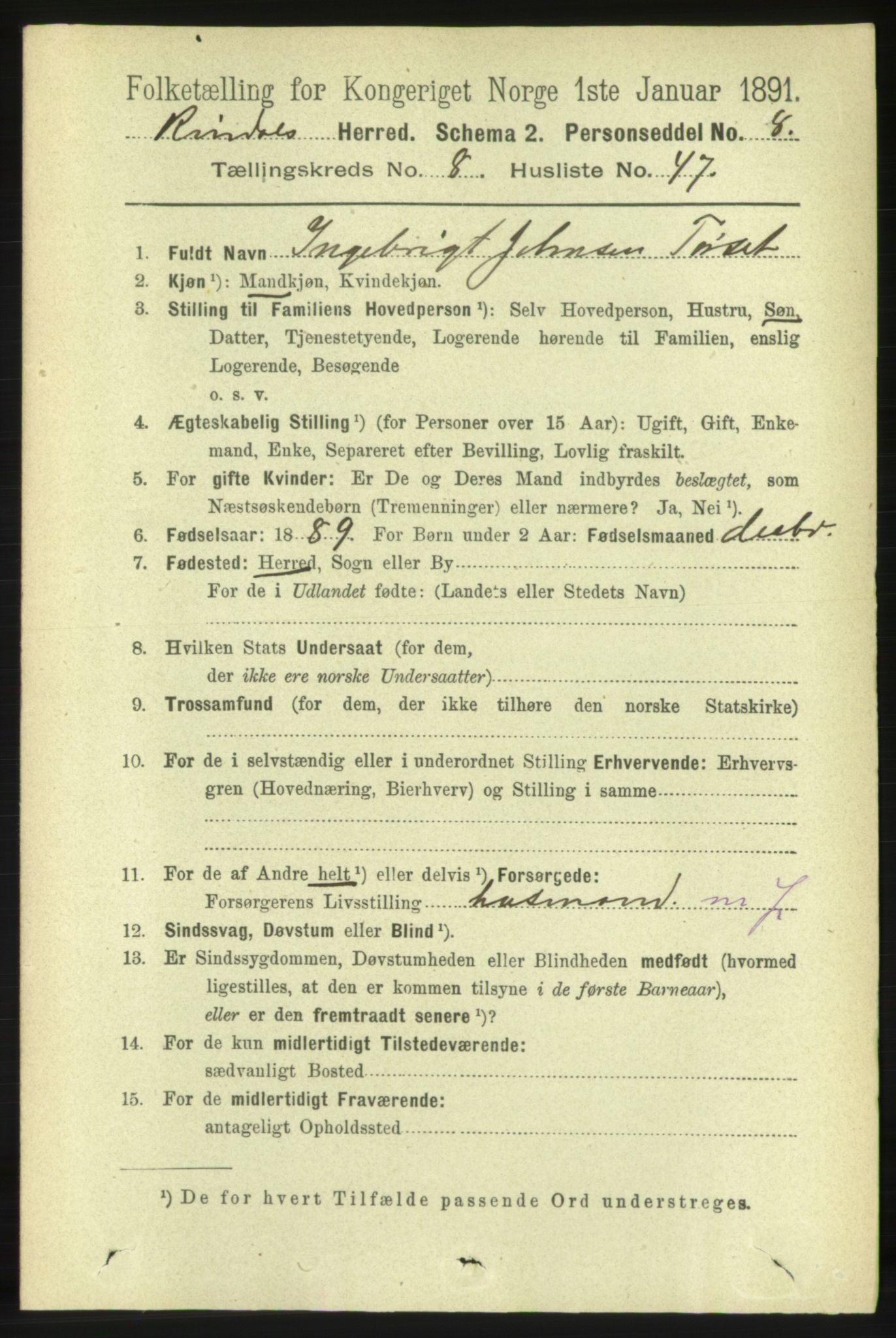 RA, 1891 census for 1567 Rindal, 1891, p. 2803