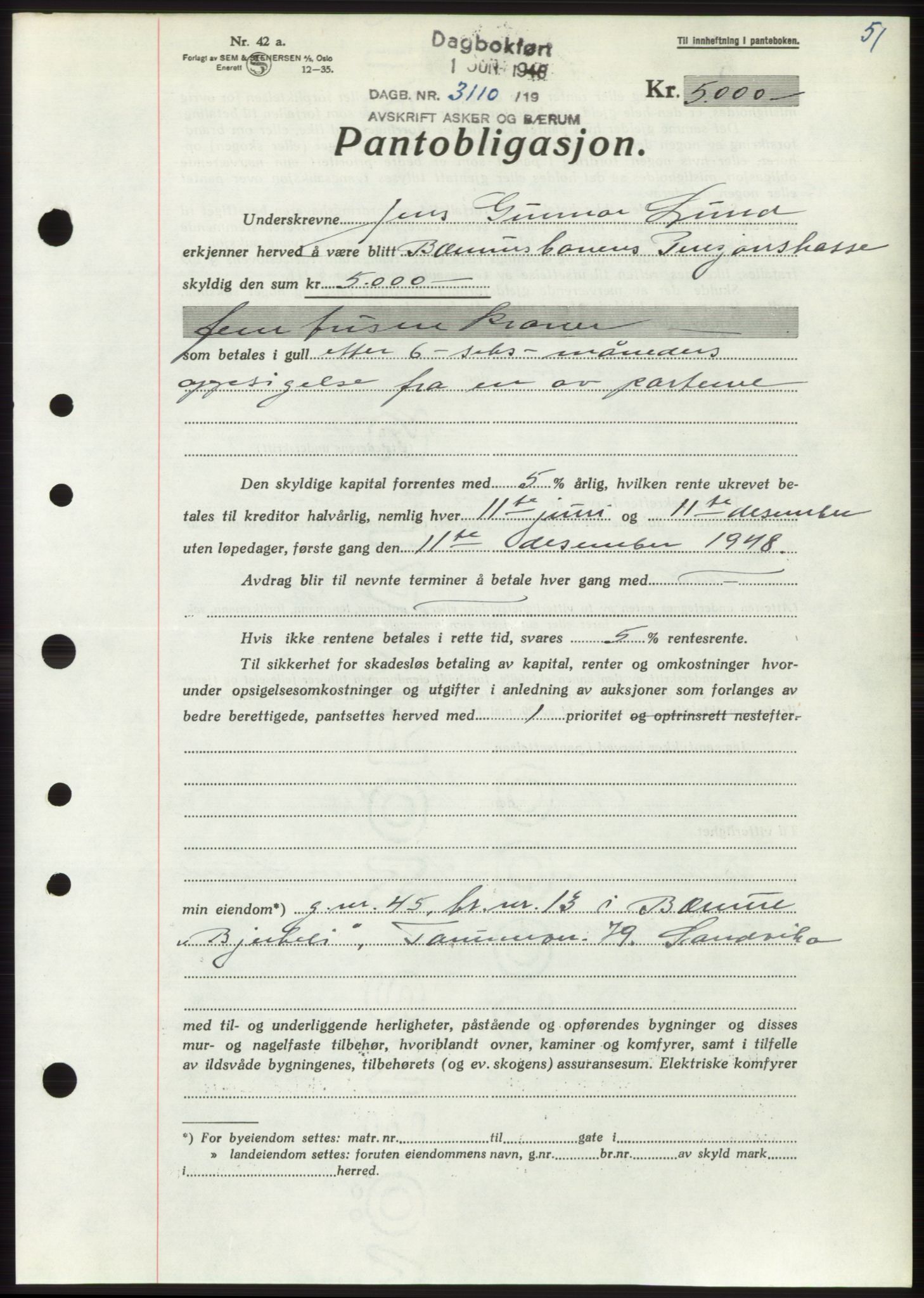 Asker og Bærum sorenskriveri, AV/SAO-A-10379a/G/Gb/Gbb/L0002: Mortgage book no. B87, 1948-1948, Diary no: : 3110/1948