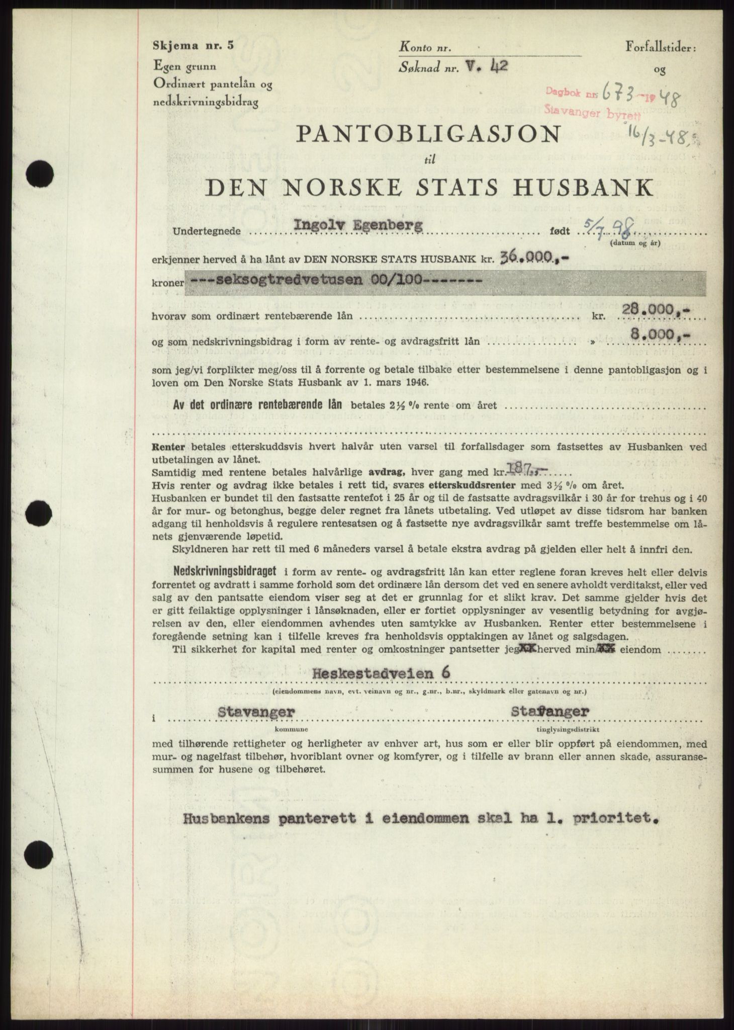 Stavanger byrett, SAST/A-100455/002/G/Gb/L0032: Mortgage book, 1947-1950, Diary no: : 673/1948