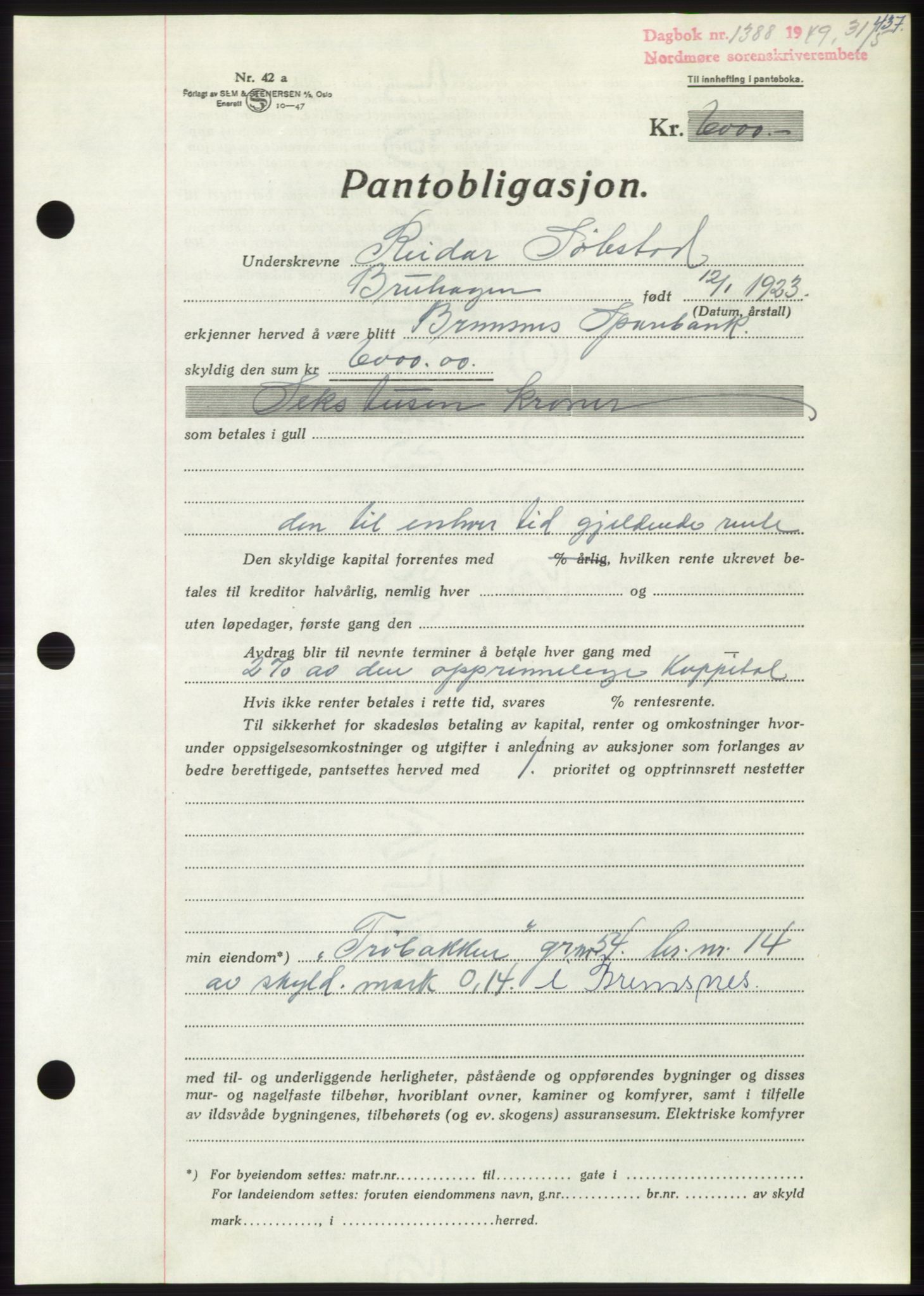 Nordmøre sorenskriveri, AV/SAT-A-4132/1/2/2Ca: Mortgage book no. B101, 1949-1949, Diary no: : 1388/1949