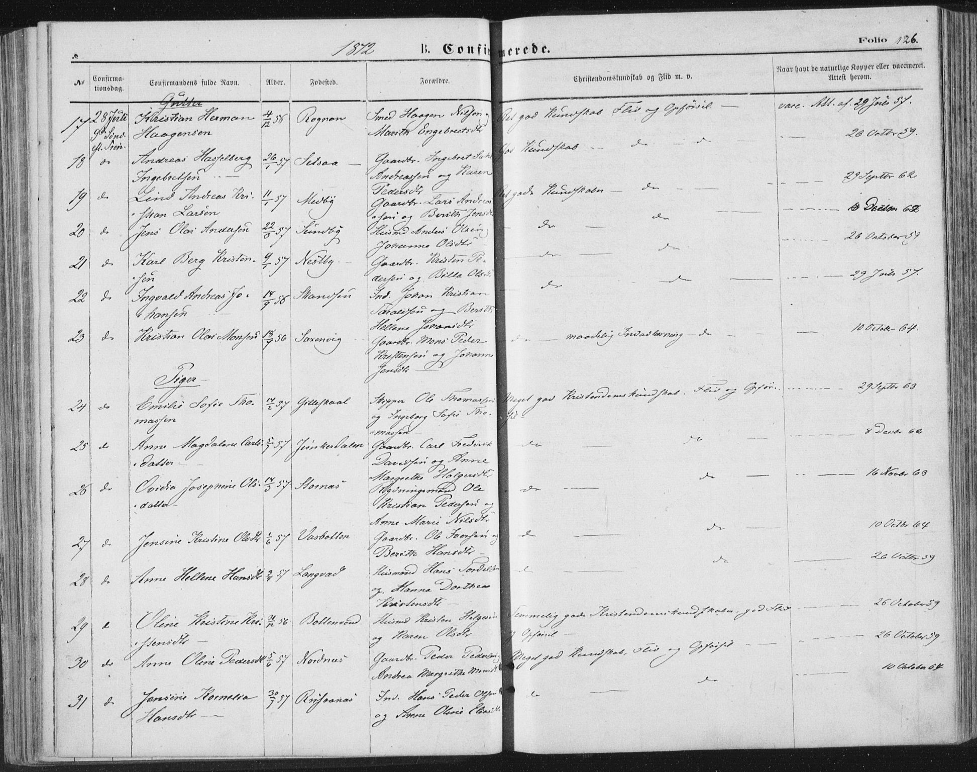 Ministerialprotokoller, klokkerbøker og fødselsregistre - Nordland, SAT/A-1459/847/L0668: Parish register (official) no. 847A08, 1872-1886, p. 126