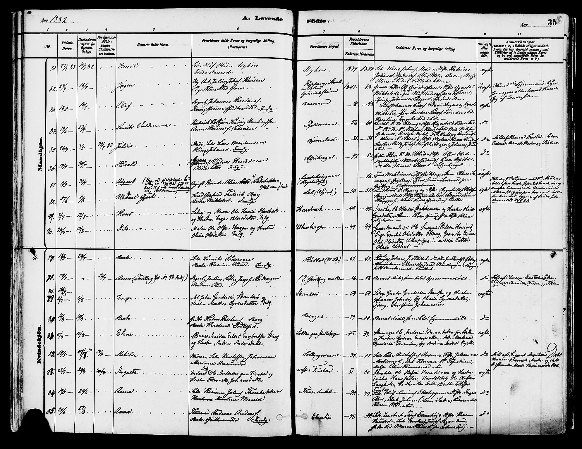 Elverum prestekontor, AV/SAH-PREST-044/H/Ha/Haa/L0013: Parish register (official) no. 13, 1880-1890, p. 35