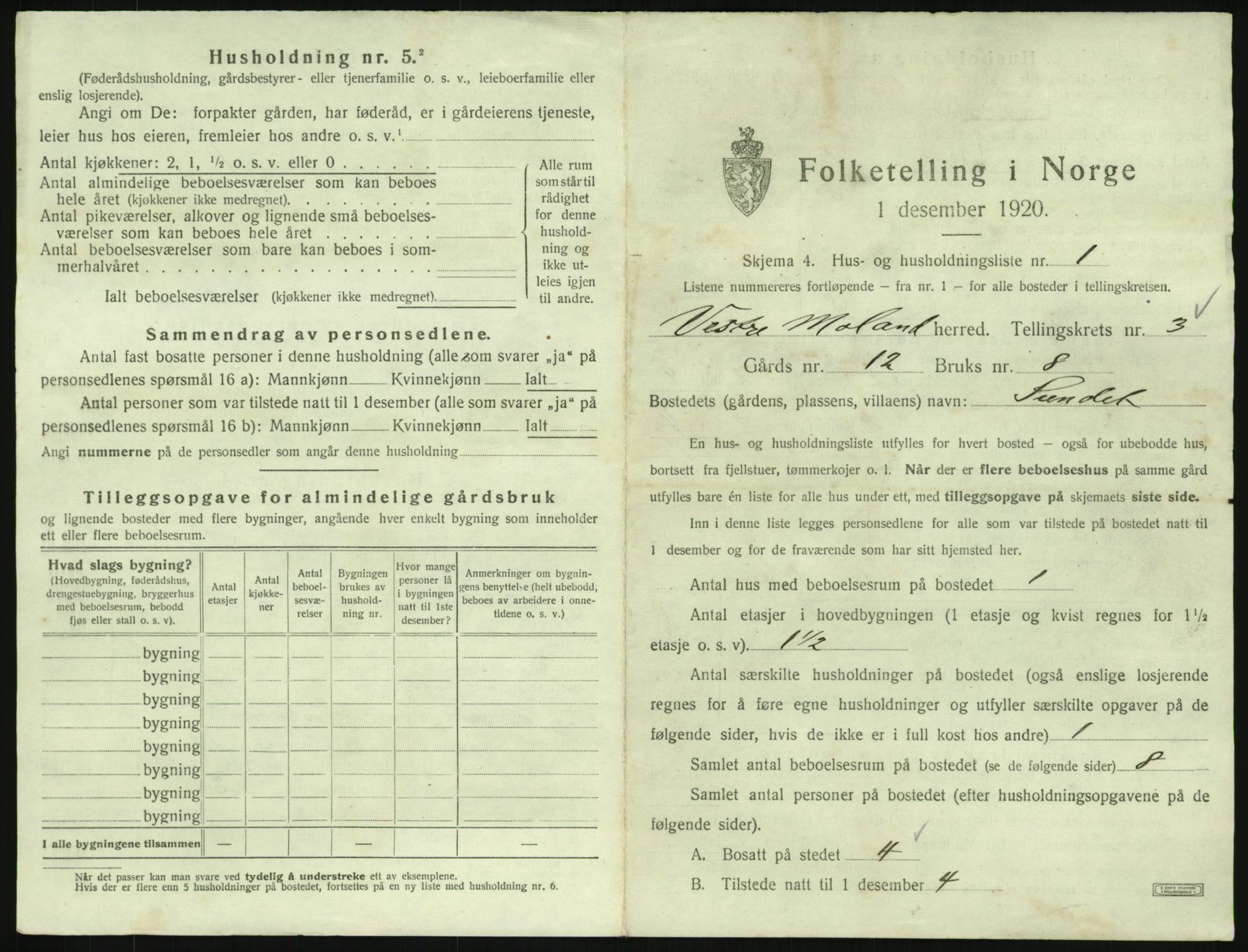 SAK, 1920 census for Vestre Moland, 1920, p. 525