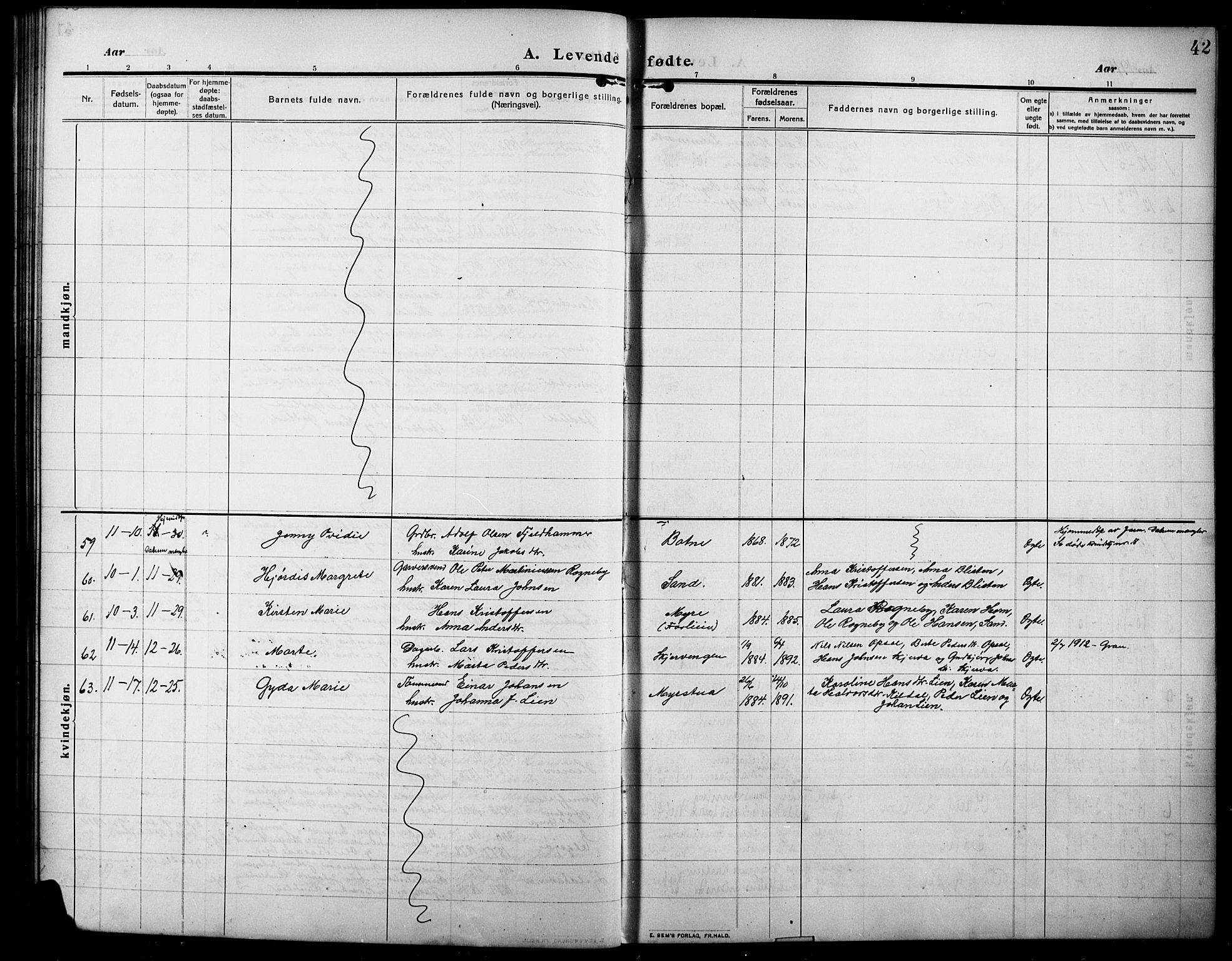 Lunner prestekontor, SAH/PREST-118/H/Ha/Hab/L0001: Parish register (copy) no. 1, 1909-1922, p. 42