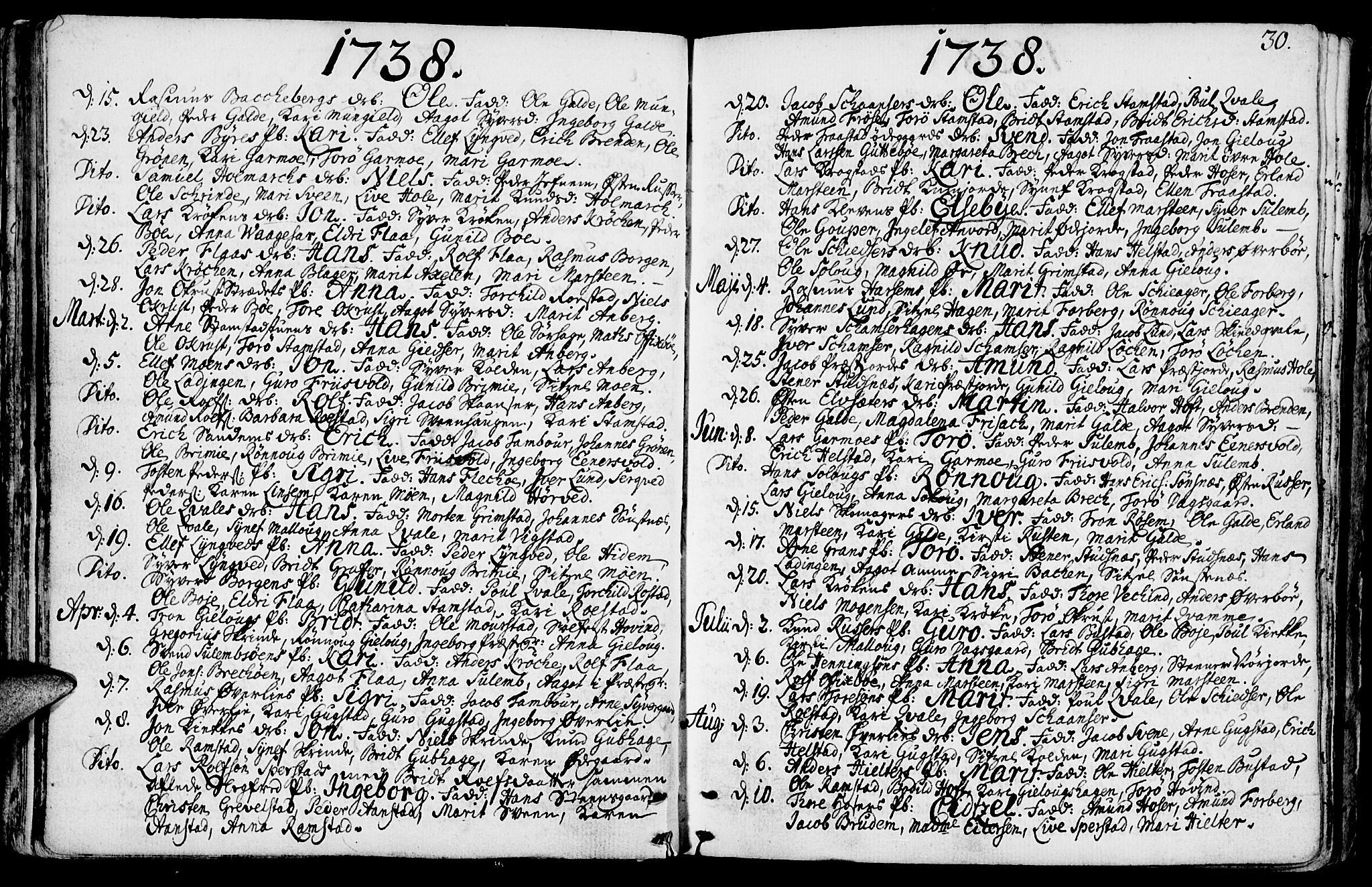 Lom prestekontor, SAH/PREST-070/K/L0001: Parish register (official) no. 1, 1733-1748, p. 30