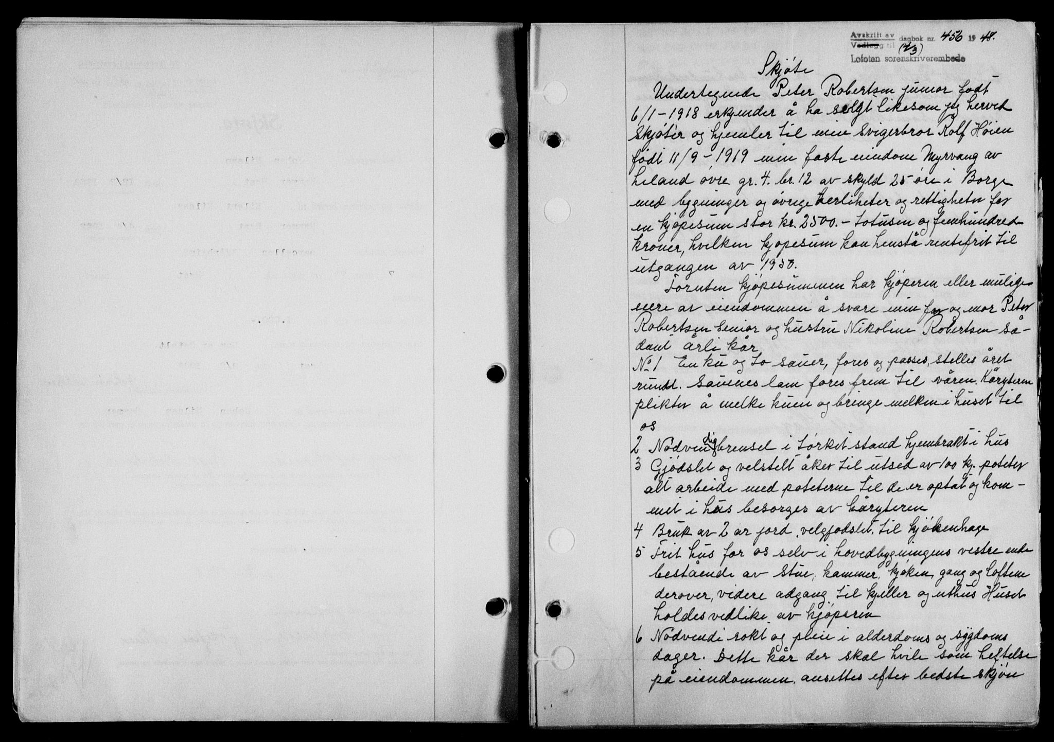 Lofoten sorenskriveri, AV/SAT-A-0017/1/2/2C/L0018a: Mortgage book no. 18a, 1948-1948, Diary no: : 456/1948