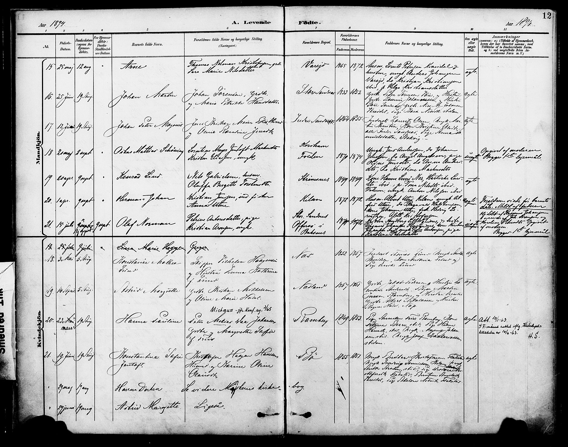 Ministerialprotokoller, klokkerbøker og fødselsregistre - Nordland, AV/SAT-A-1459/885/L1205: Parish register (official) no. 885A06, 1892-1905, p. 12