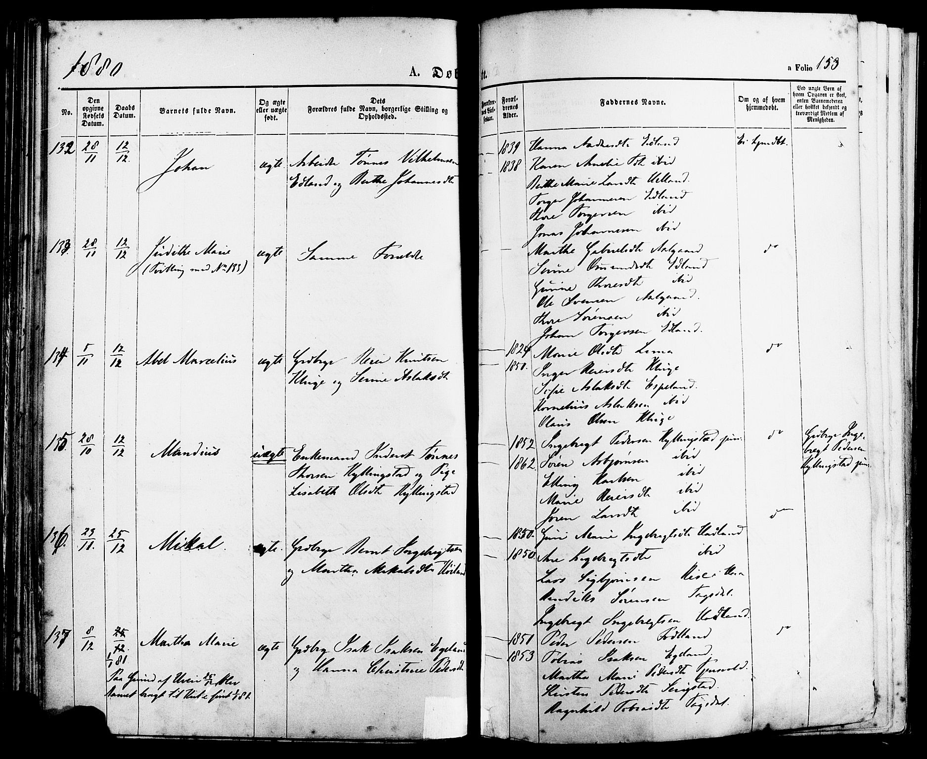 Lye sokneprestkontor, AV/SAST-A-101794/001/30BA/L0008: Parish register (official) no. A 7, 1872-1881, p. 153