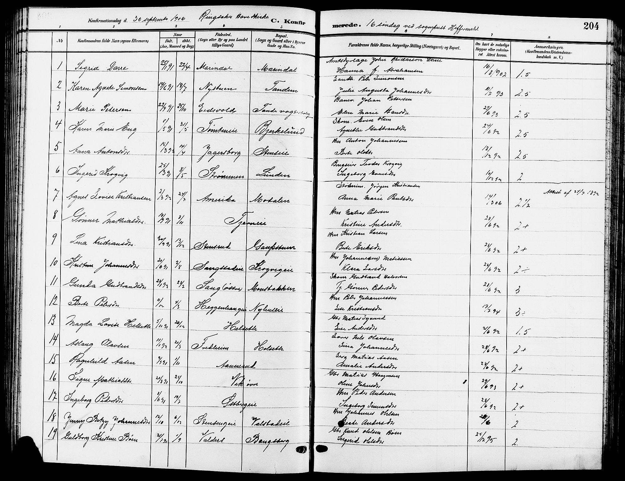 Ringsaker prestekontor, SAH/PREST-014/L/La/L0015: Parish register (copy) no. 15, 1903-1912, p. 204