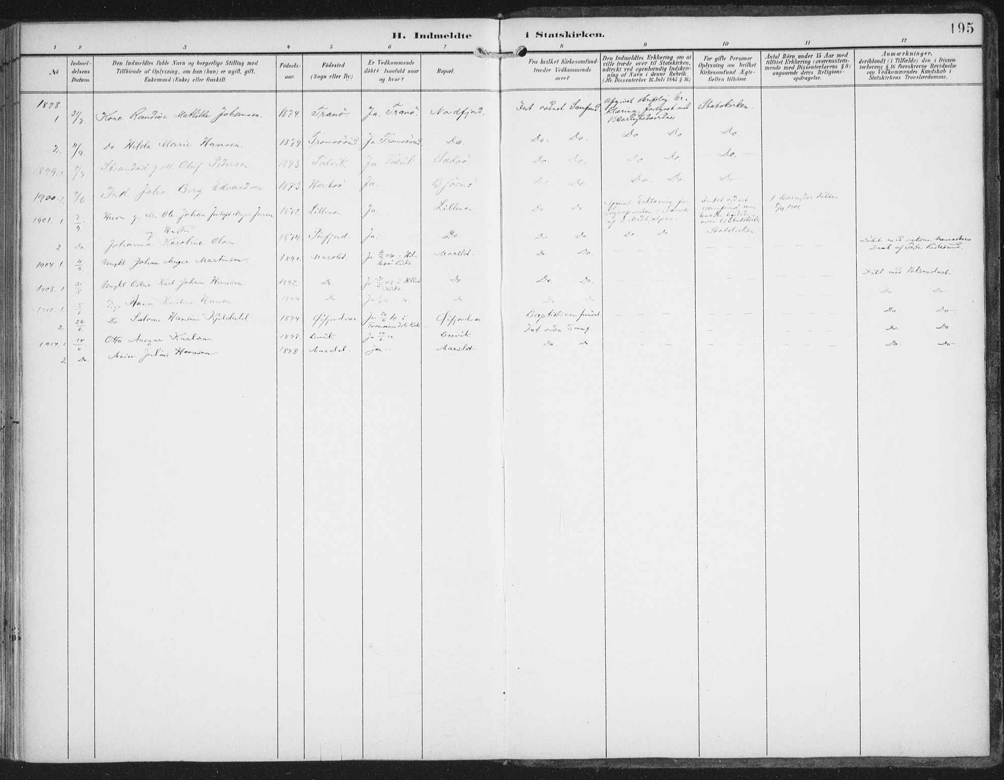 Lenvik sokneprestembete, SATØ/S-1310/H/Ha/Haa/L0015kirke: Parish register (official) no. 15, 1896-1915, p. 195