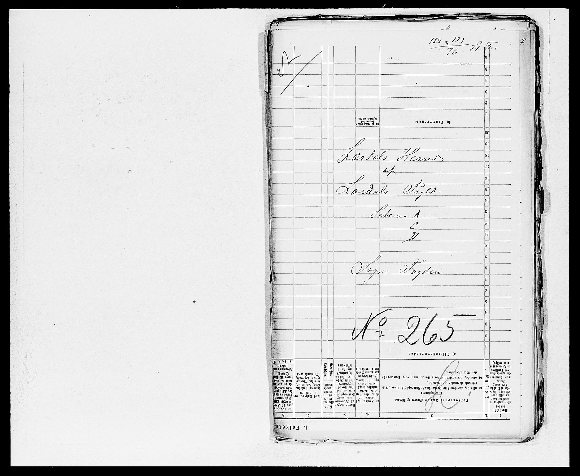 SAB, 1875 census for 1422P Lærdal, 1875, p. 1