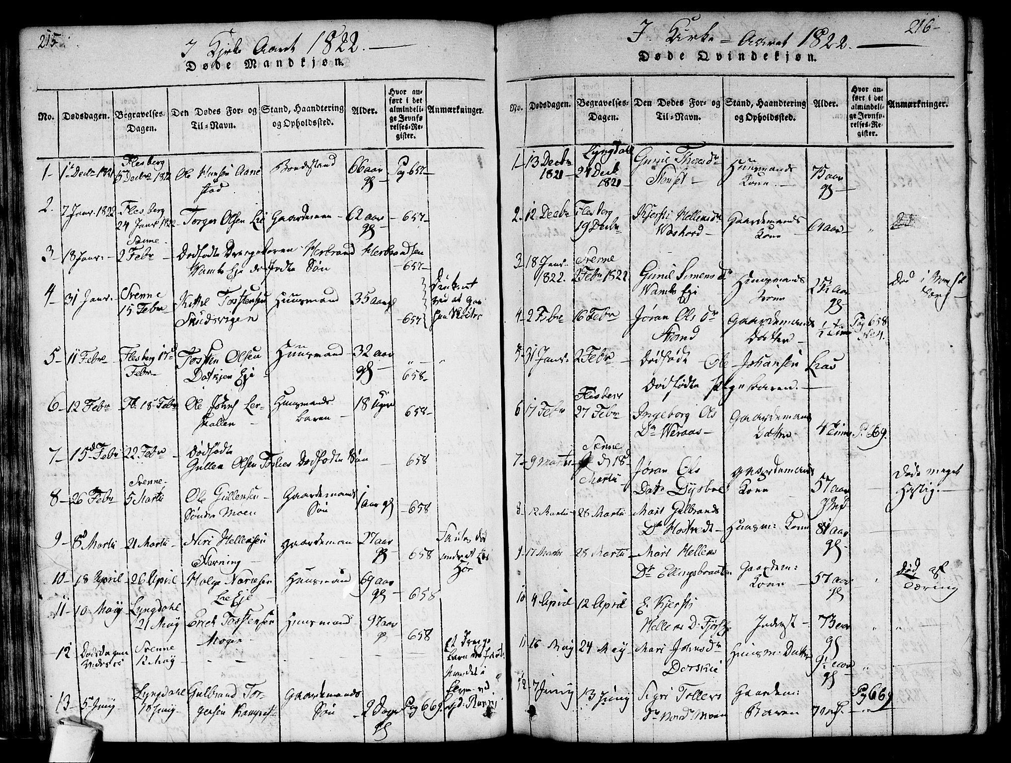 Flesberg kirkebøker, AV/SAKO-A-18/G/Ga/L0001: Parish register (copy) no. I 1, 1816-1834, p. 215-216