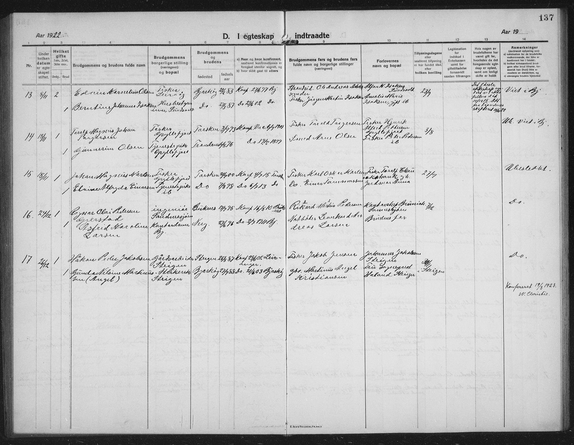 Sand/Bjarkøy sokneprestkontor, AV/SATØ-S-0811/I/Ia/Iab/L0005klokker: Parish register (copy) no. 5, 1919-1937, p. 137
