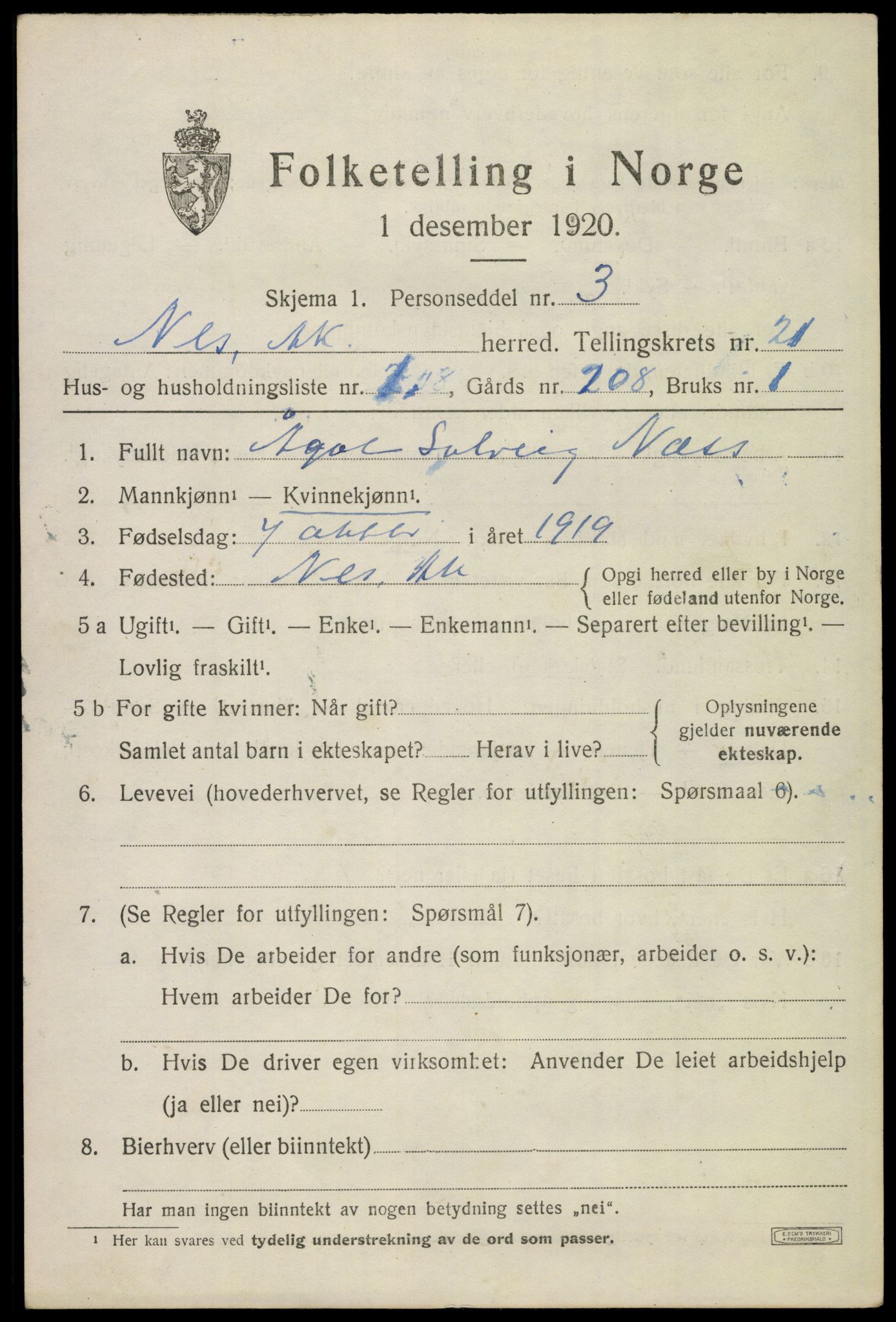 SAO, 1920 census for Nes, 1920, p. 21944