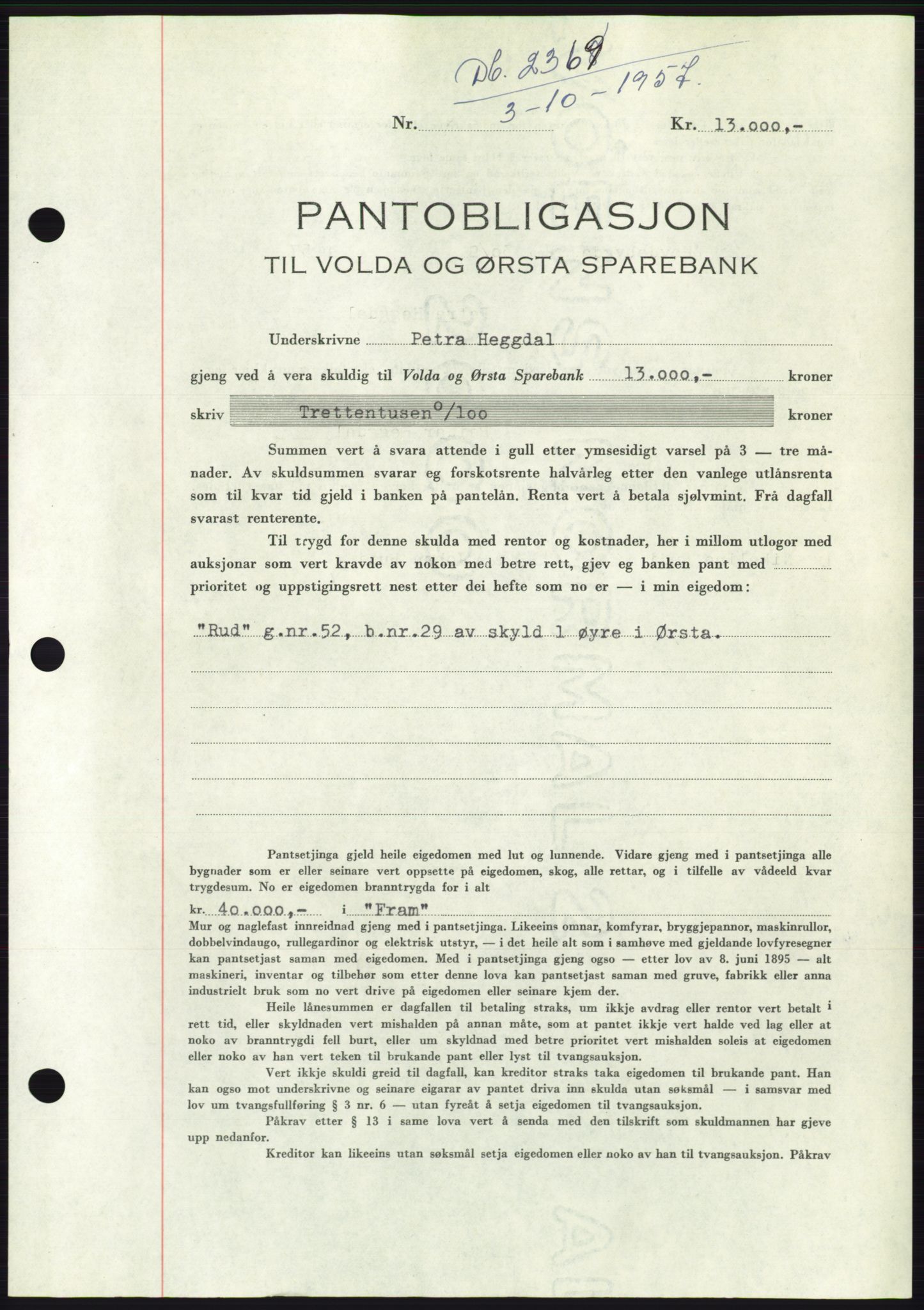 Søre Sunnmøre sorenskriveri, AV/SAT-A-4122/1/2/2C/L0130: Mortgage book no. 18B, 1957-1958, Diary no: : 2369/1957