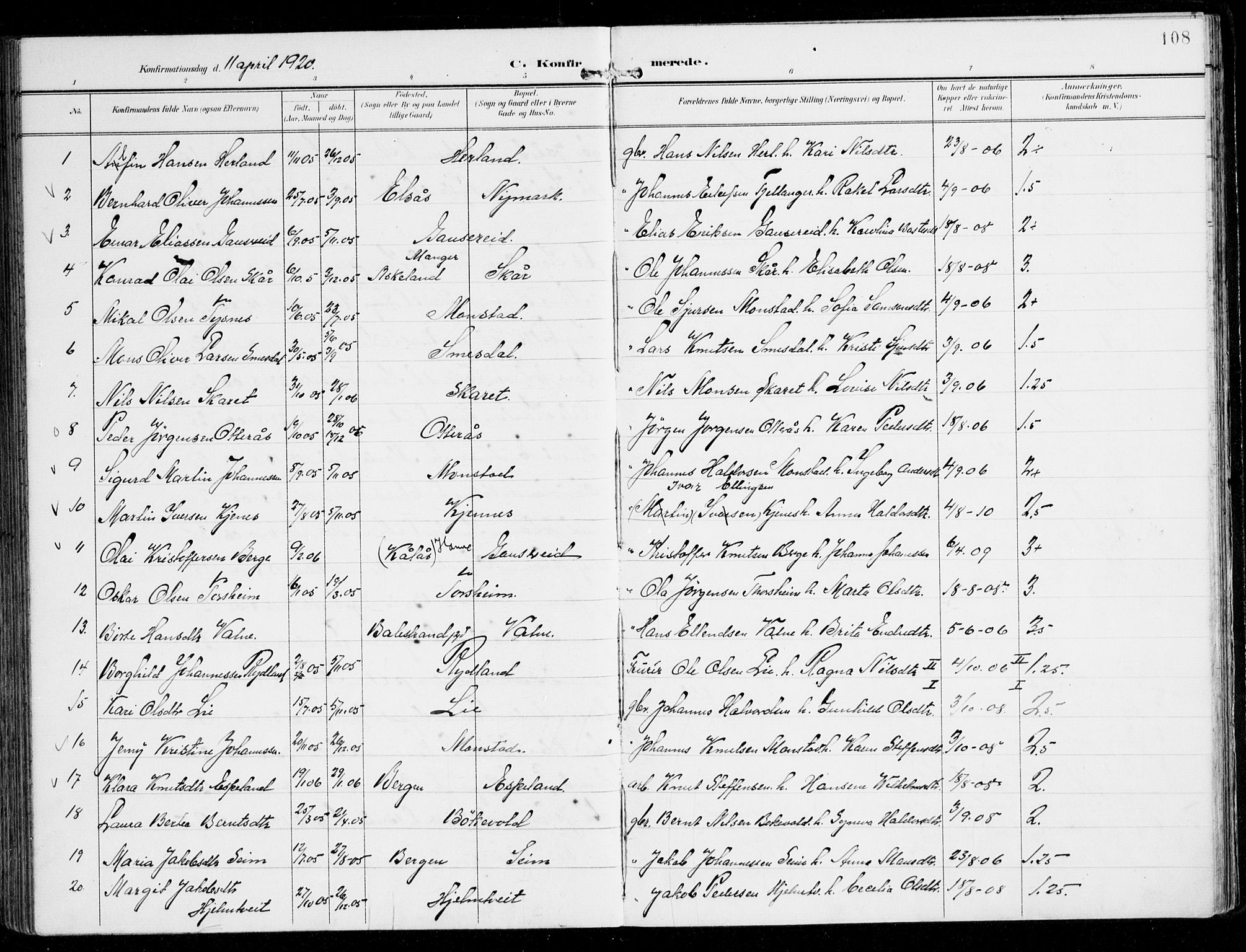 Alversund Sokneprestembete, SAB/A-73901/H/Ha/Haa/Haad/L0004: Parish register (official) no. D 4, 1898-1926, p. 108