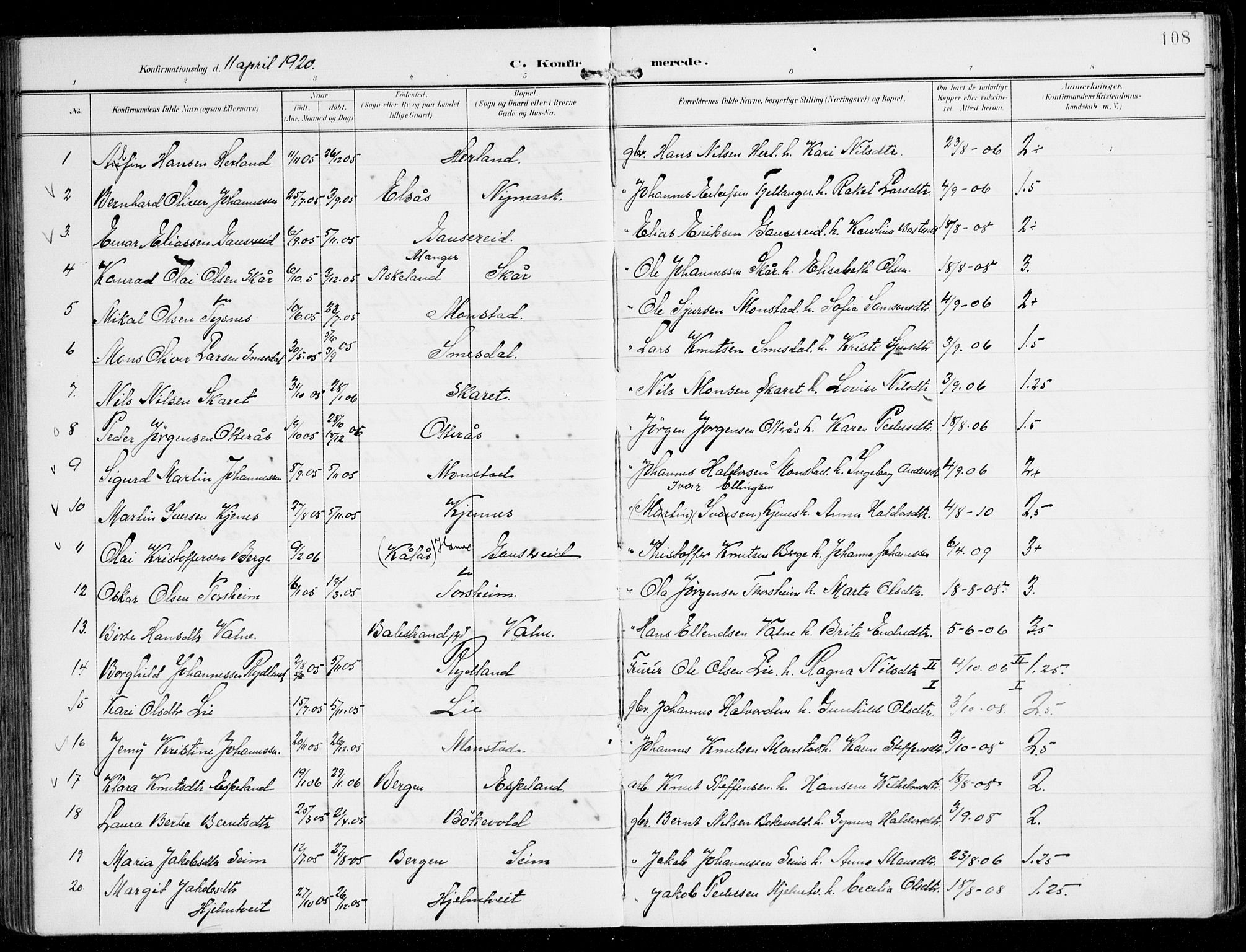 Alversund Sokneprestembete, AV/SAB-A-73901/H/Ha/Haa/Haad/L0004: Parish register (official) no. D 4, 1898-1926, p. 108