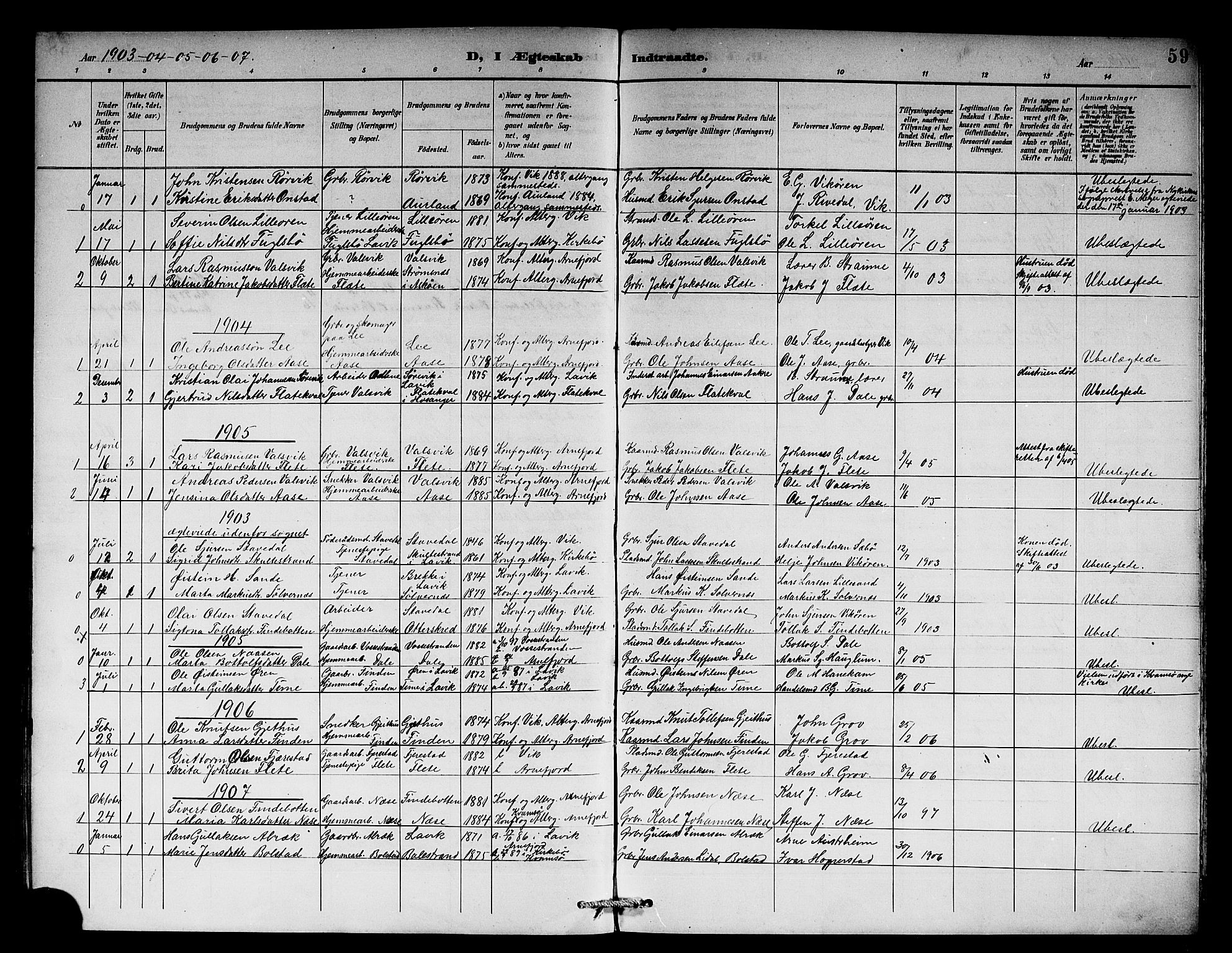 Vik sokneprestembete, SAB/A-81501: Parish register (copy) no. B 3, 1894-1912, p. 59