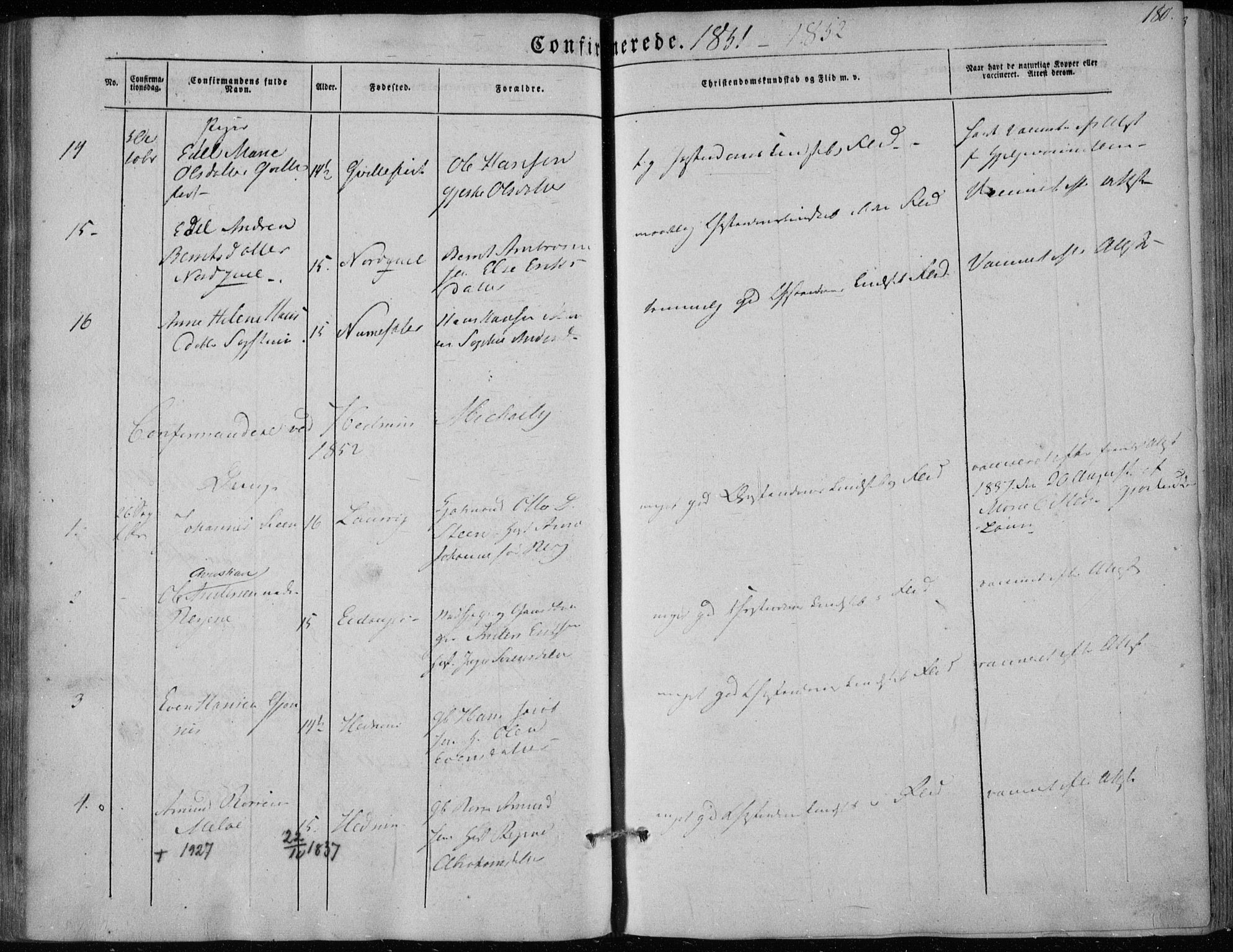 Hedrum kirkebøker, AV/SAKO-A-344/F/Fa/L0006: Parish register (official) no. I 6, 1849-1857, p. 180