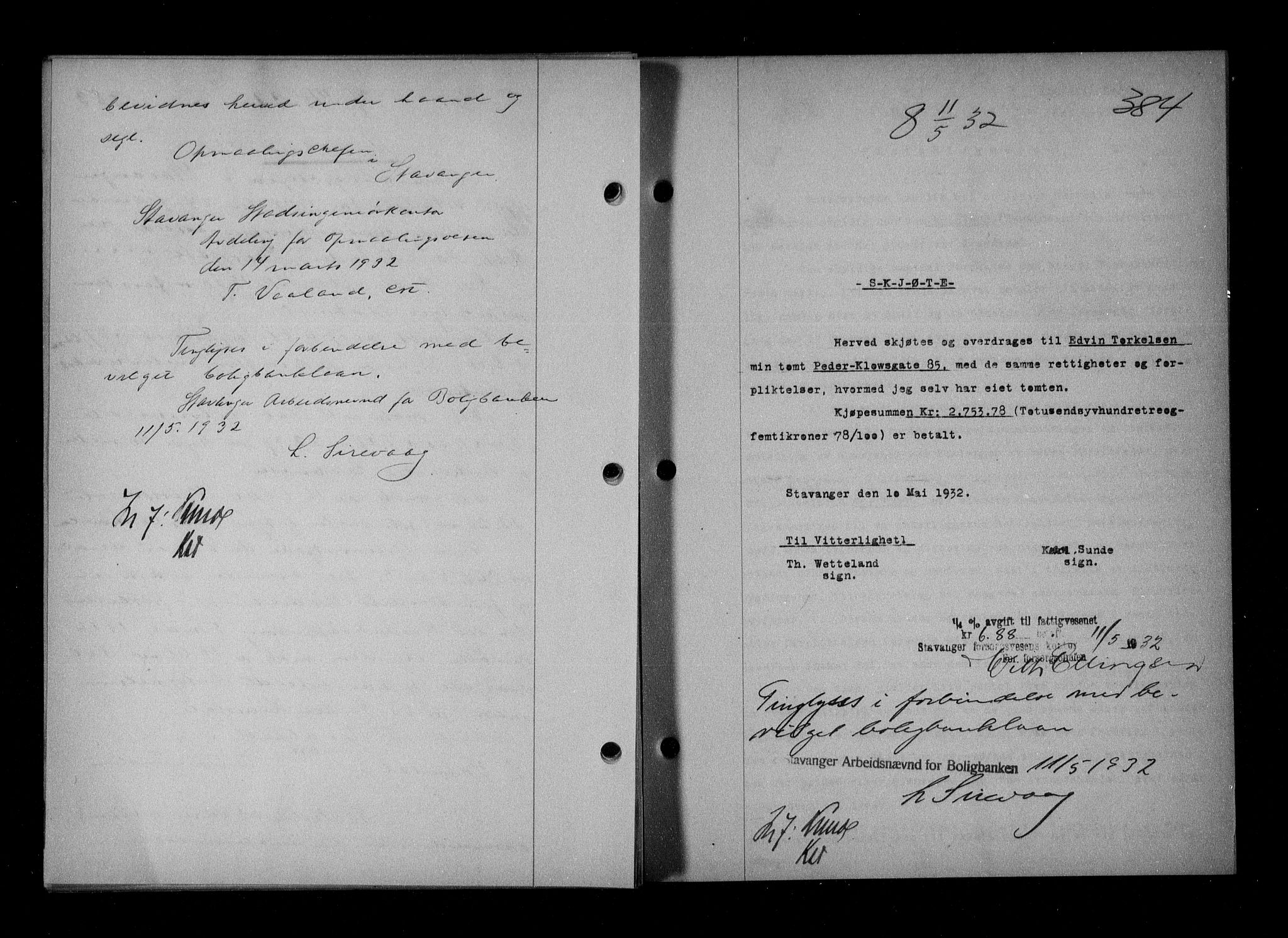 Stavanger byfogd, AV/SAST-A-101408/001/4/41/410/410BB/L0061: Mortgage book no. 51, 1932-1932, Deed date: 11.05.1932