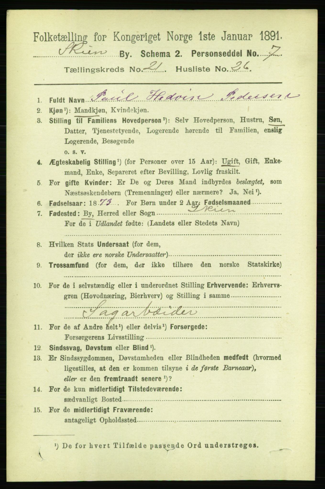 RA, 1891 census for 0806 Skien, 1891, p. 5661