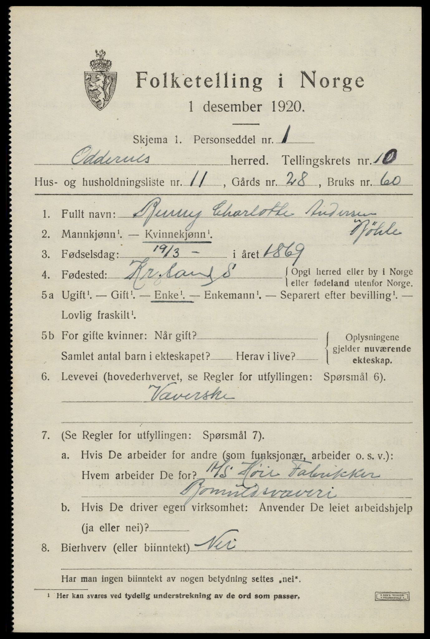 SAK, 1920 census for Oddernes, 1920, p. 6467