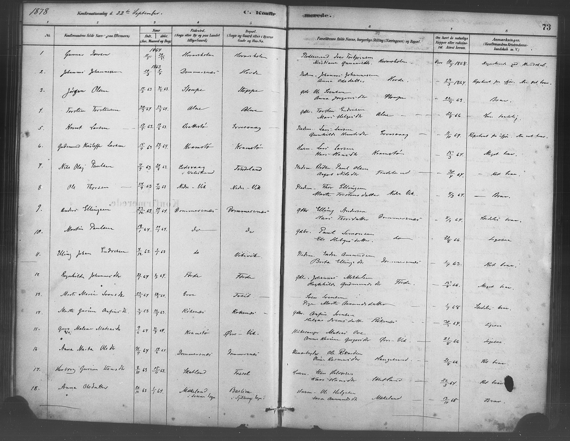 Sveio Sokneprestembete, AV/SAB-A-78501/H/Haa: Parish register (official) no. D 1, 1878-1894, p. 73