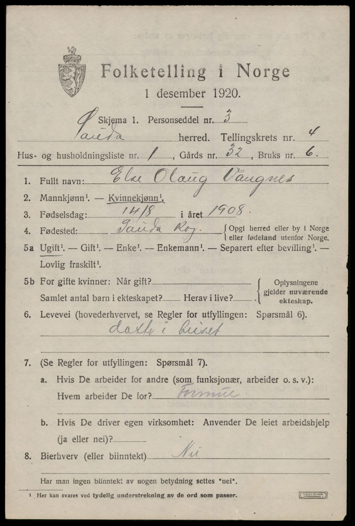 SAST, 1920 census for Sauda, 1920, p. 1732