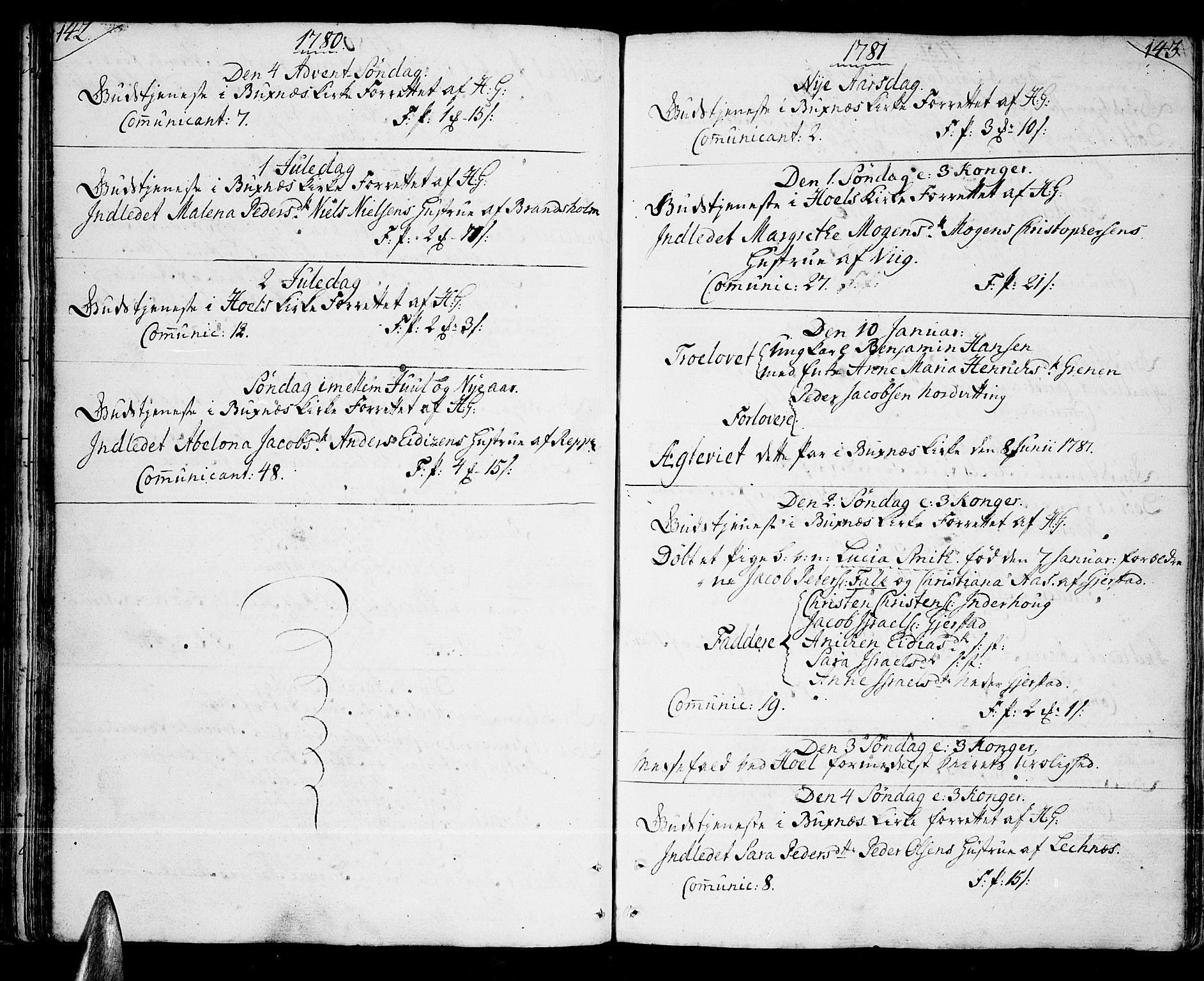 Ministerialprotokoller, klokkerbøker og fødselsregistre - Nordland, AV/SAT-A-1459/881/L1149: Parish register (official) no. 881A02, 1773-1793, p. 142-143